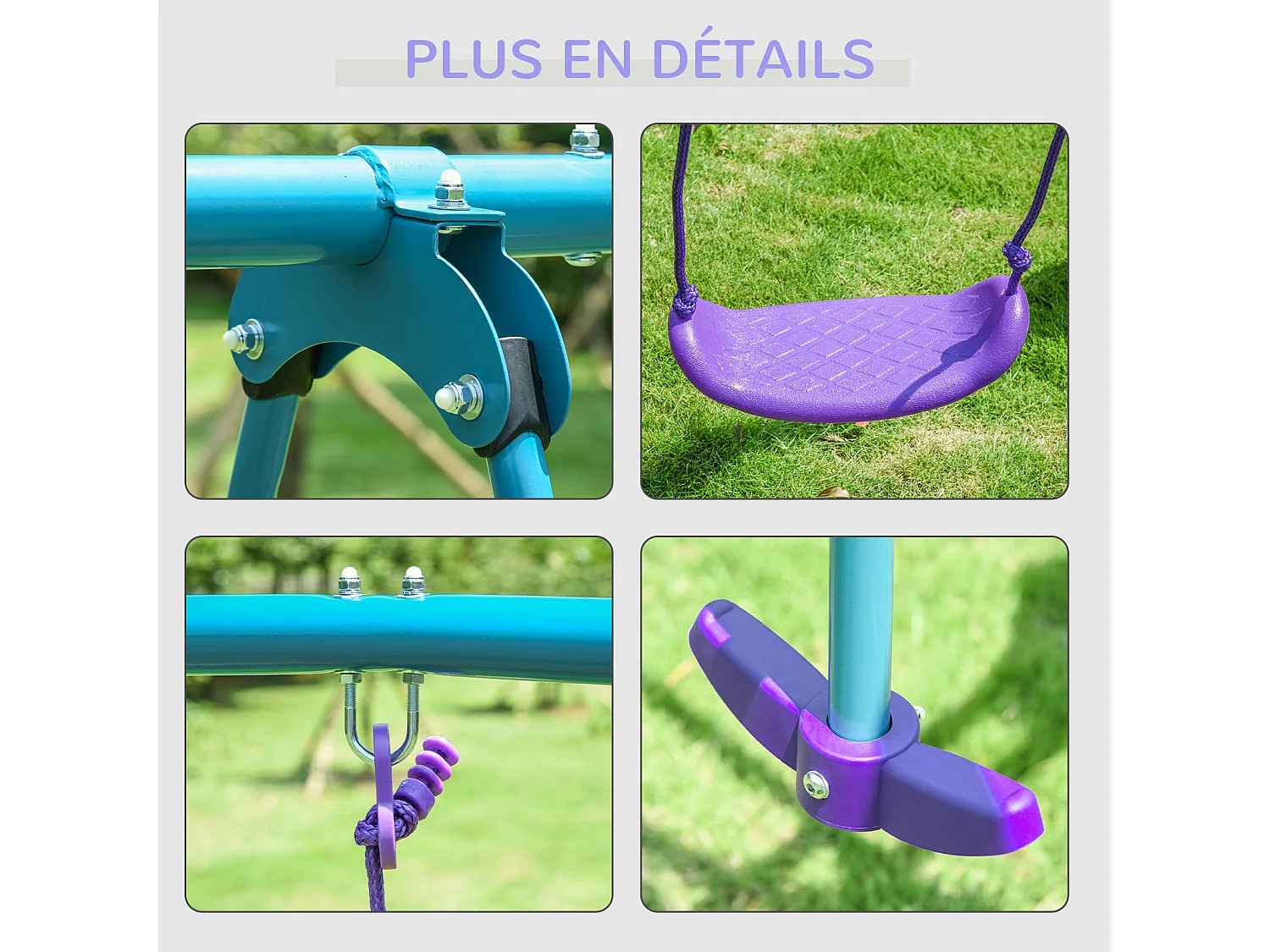 Balançoire 3 agrès portique avec 2 balançoires et face à face dim. 2,8L x 1,4l x 1,78H m métal époxy anticorrosion PE bleu lavande