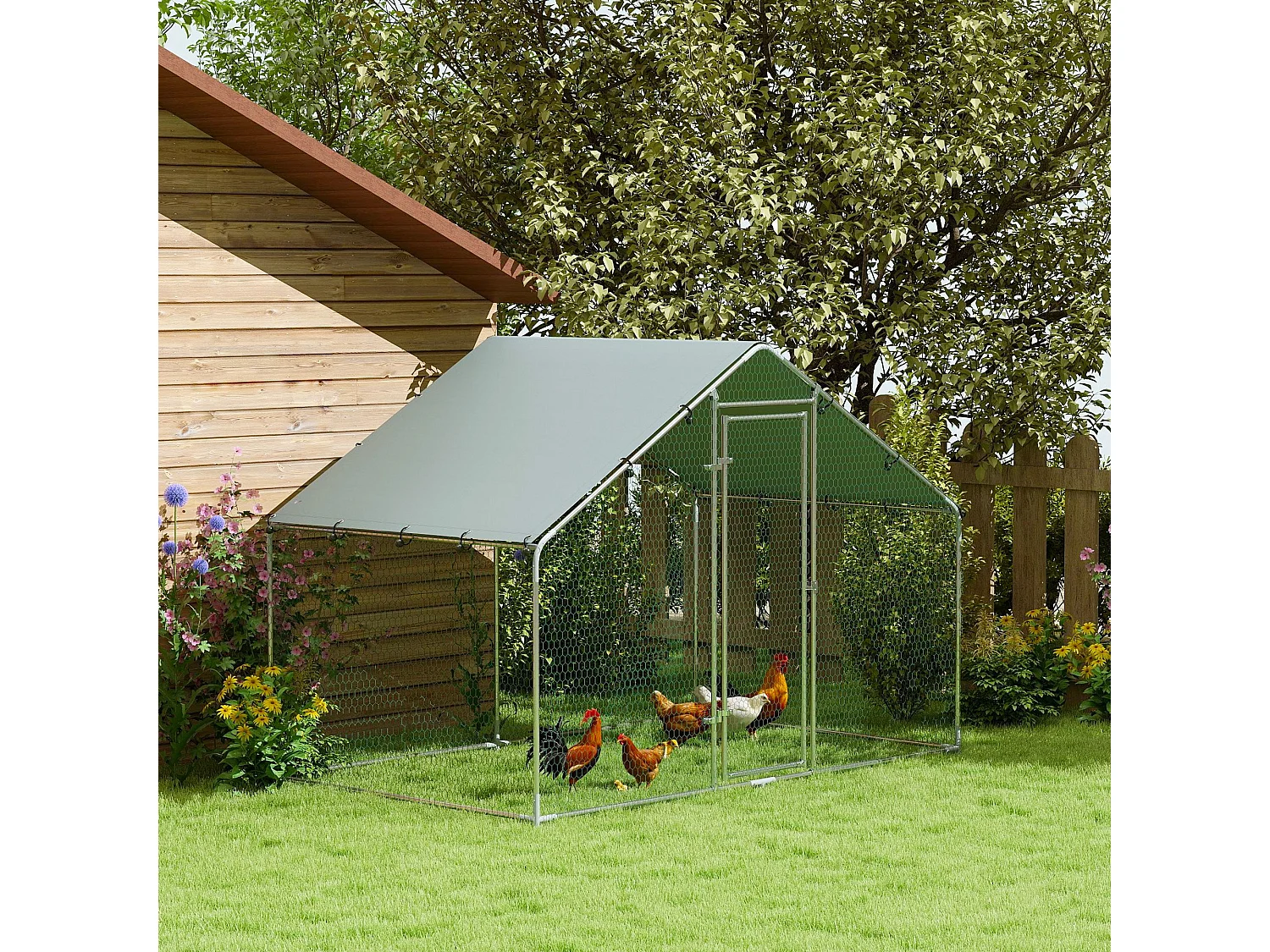 Enclos poulailler chenil 5,1 m² couvert - parc grillagé dim. 3L x 1,7l x 1,9H m - porte - acier galvanisé oxford gris