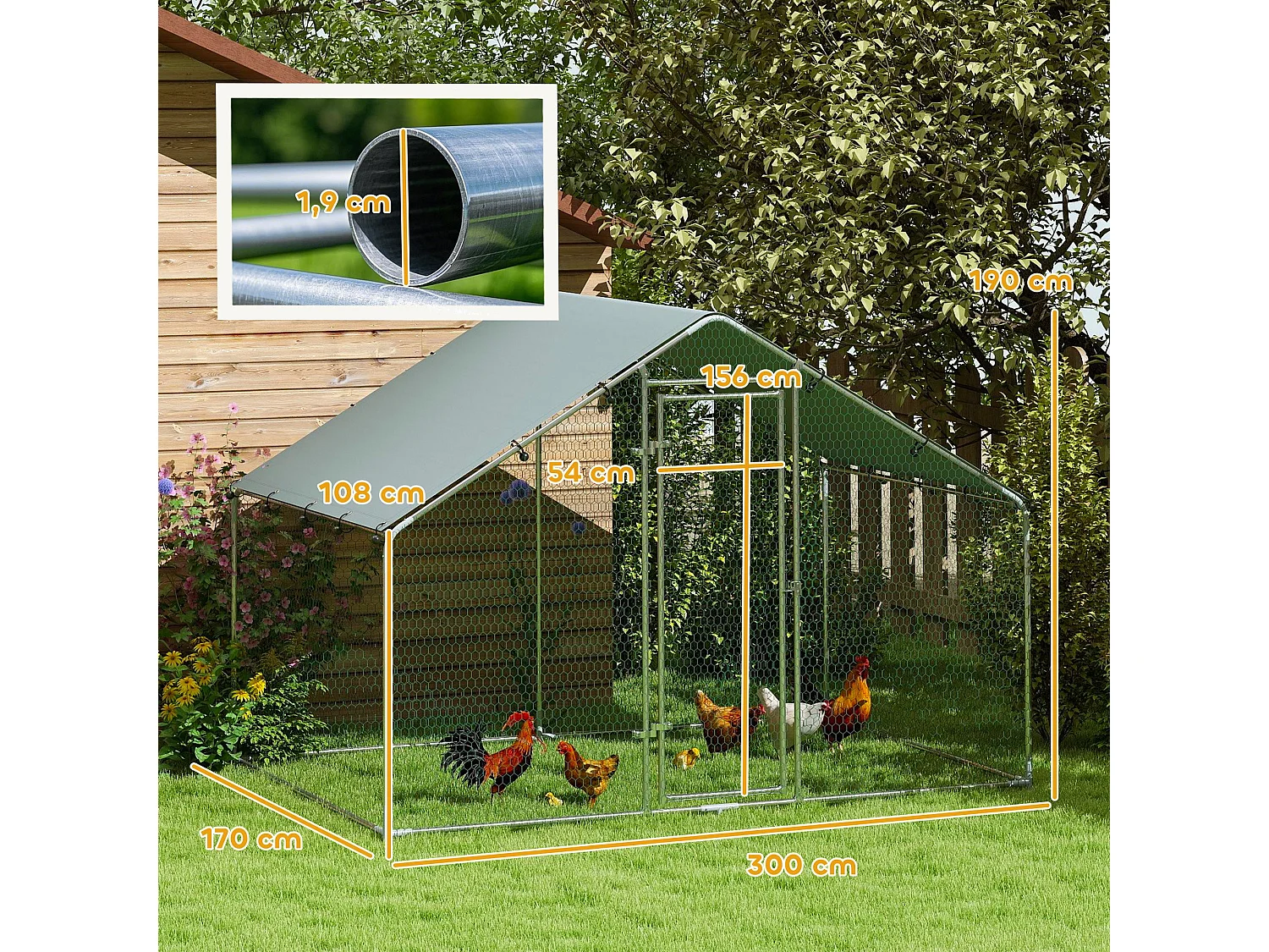 Enclos poulailler chenil 5,1 m² couvert - parc grillagé dim. 3L x 1,7l x 1,9H m - porte - acier galvanisé oxford gris