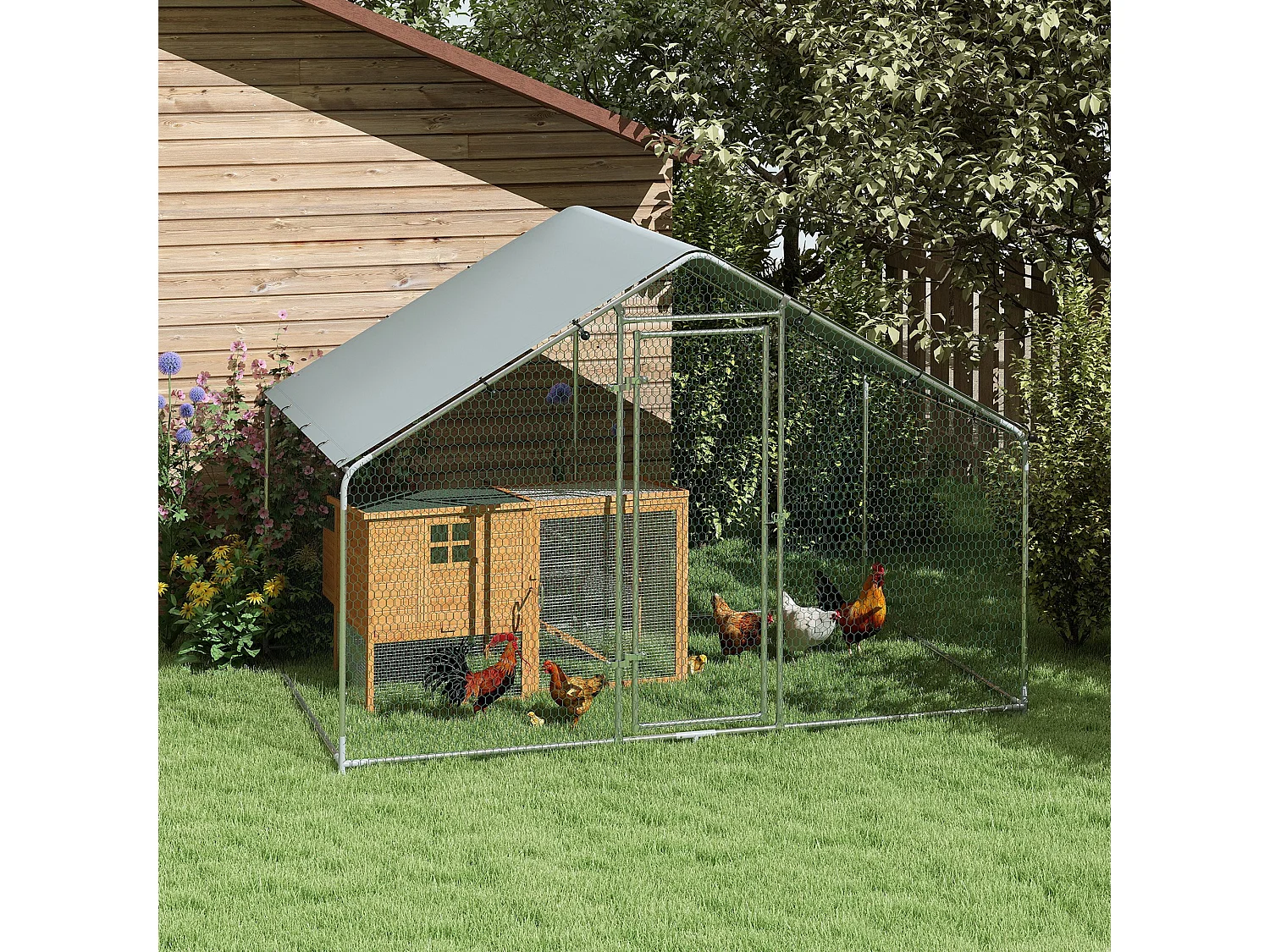 Enclos poulailler chenil 5,1 m² couvert - parc grillagé dim. 3L x 1,7l x 1,9H m - porte - acier galvanisé oxford gris