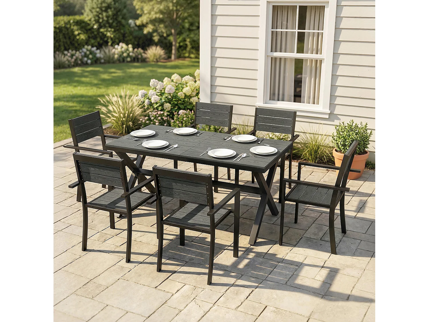 Ensemble table et chaises  pour 6 personnes - chaises empilables - aluminium - 7 pièces - gris