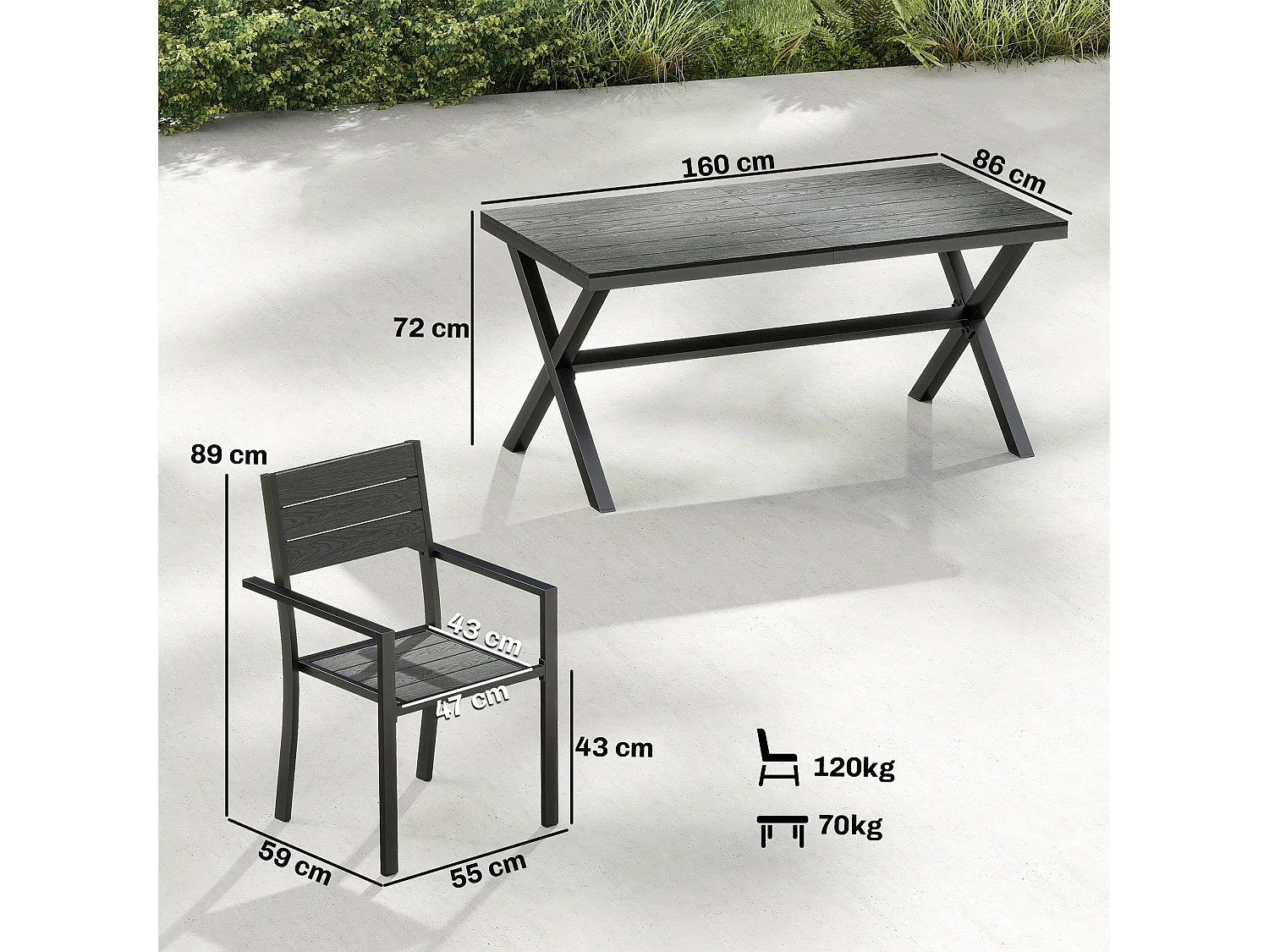 Ensemble table et chaises  pour 6 personnes - chaises empilables - aluminium - 7 pièces - gris