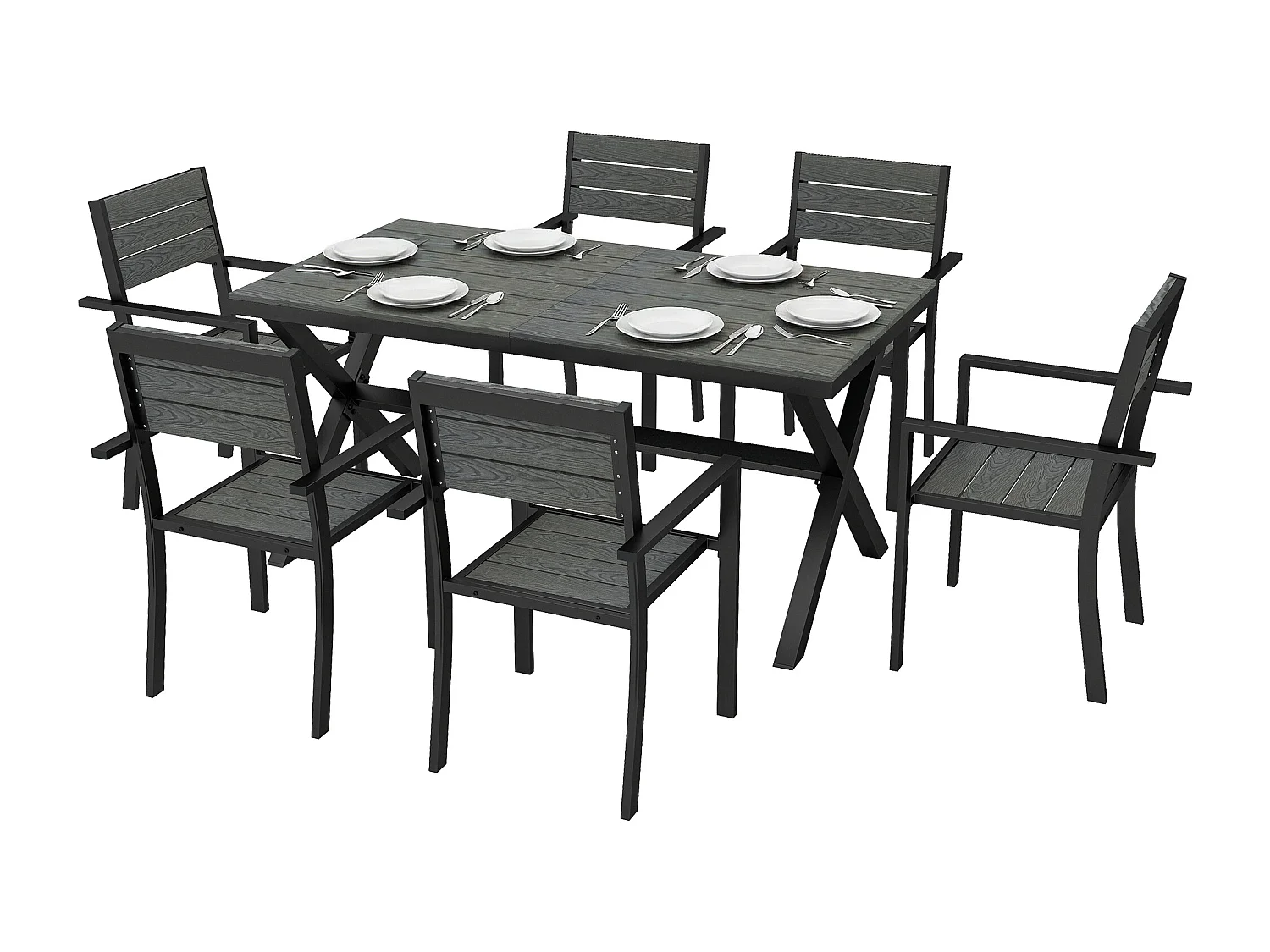 Ensemble table et chaises  pour 6 personnes - chaises empilables - aluminium - 7 pièces - gris
