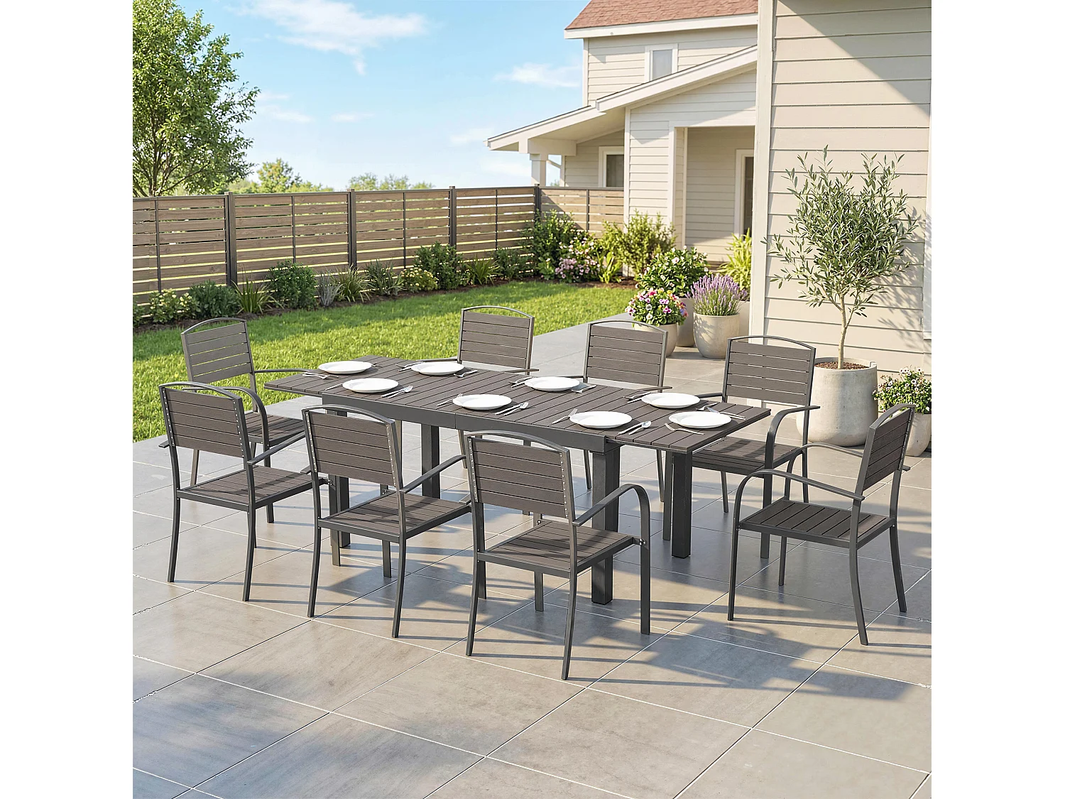 Salon de jardin 8 personnes 9 pièces avec table de jardin extensible 150-225cm gris
