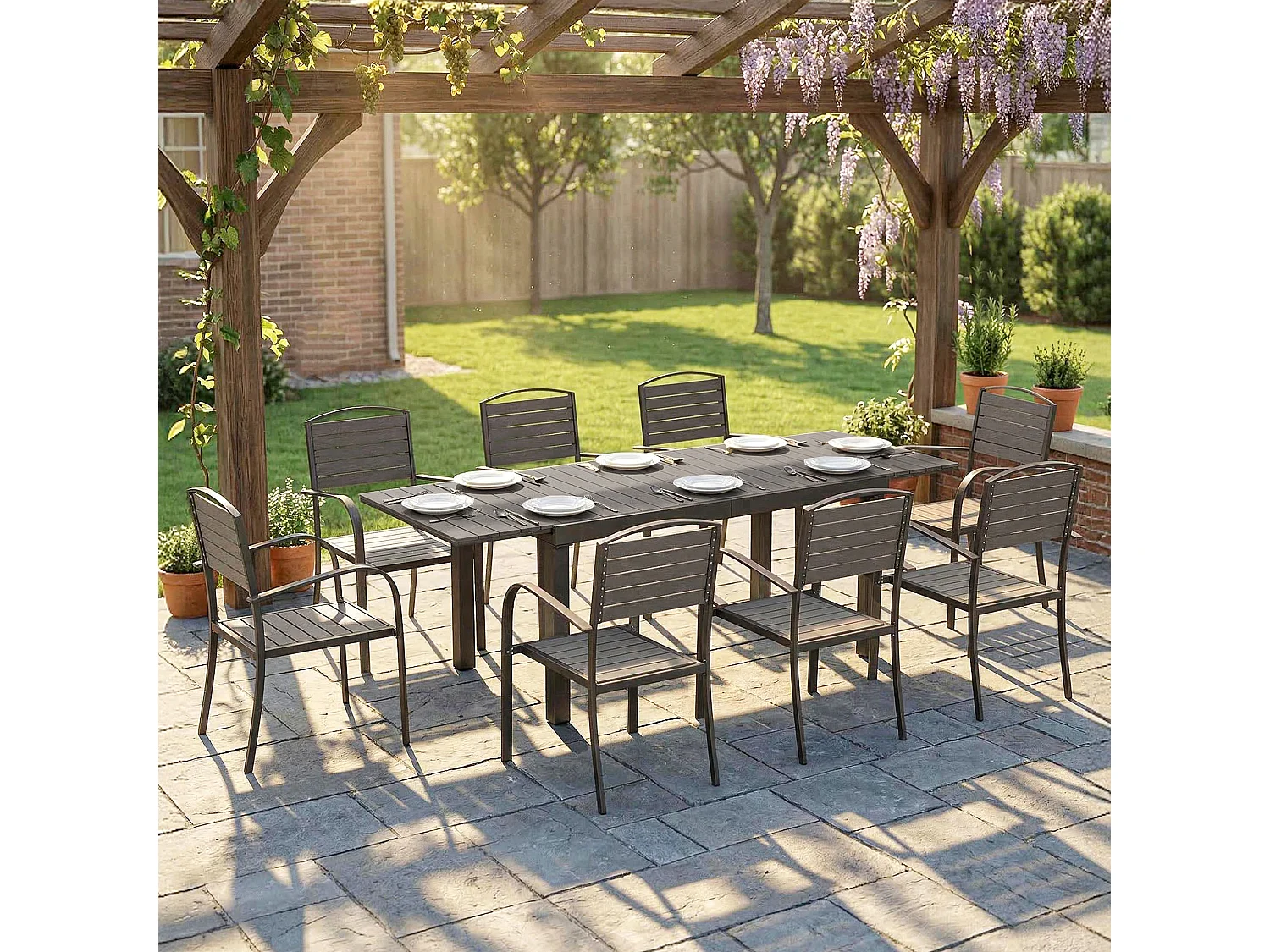 Salon de jardin 8 personnes 9 pièces avec table de jardin extensible 150-225cm gris