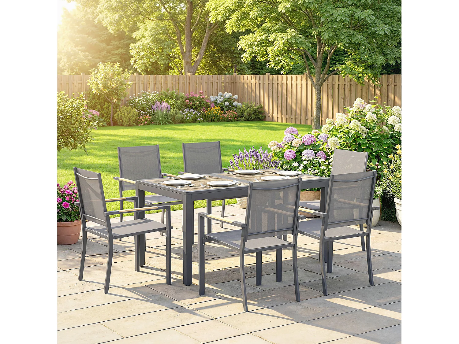 Ensemble de jardin table à manger 6 personnes 7 Pièces acier textilène gris effet bois