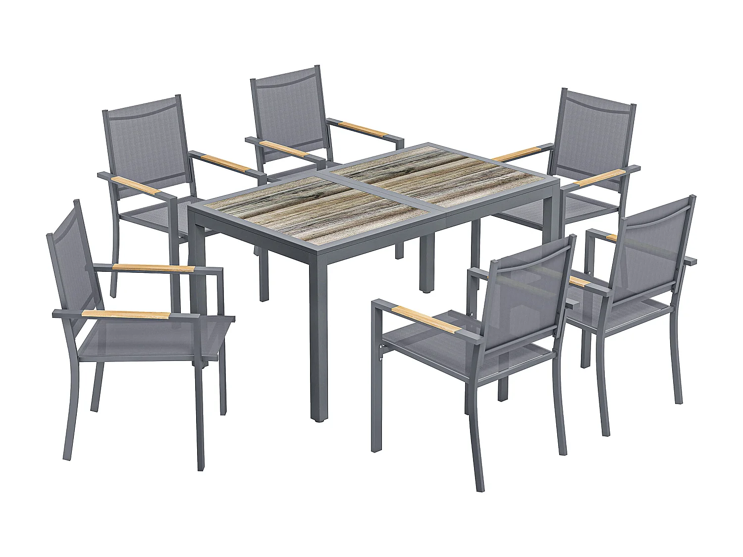Ensemble de jardin table à manger 6 personnes 7 Pièces acier textilène gris effet bois