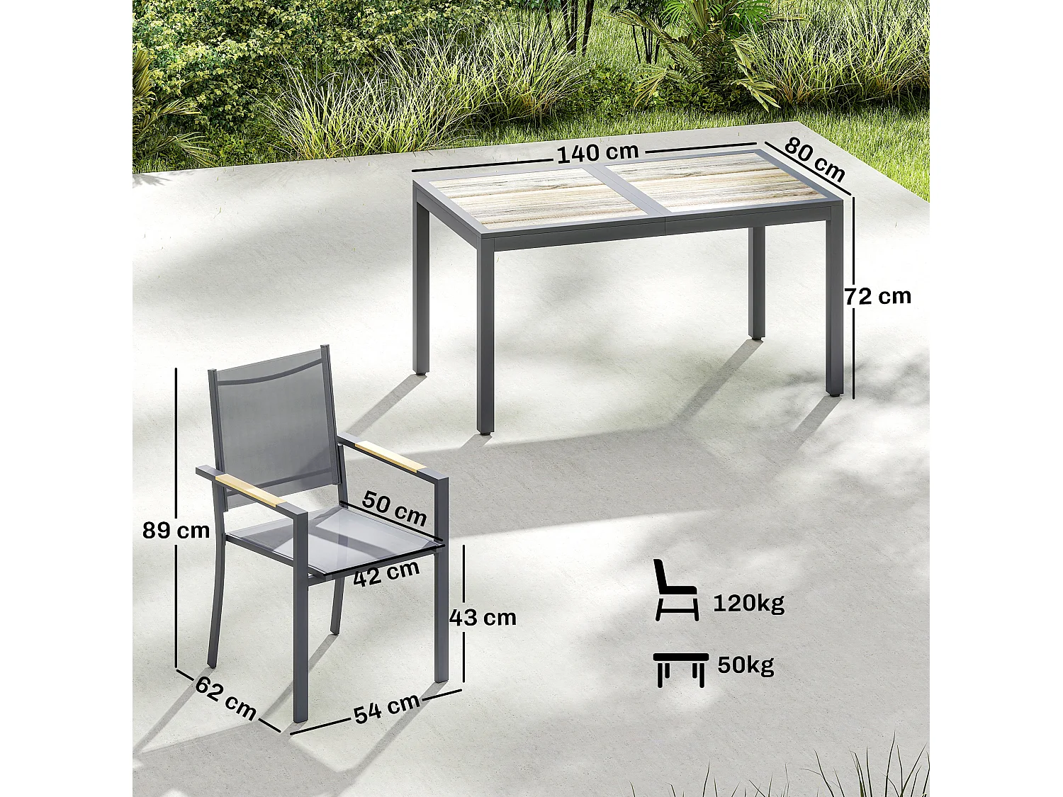 Ensemble de jardin table à manger 6 personnes 7 Pièces acier textilène gris effet bois
