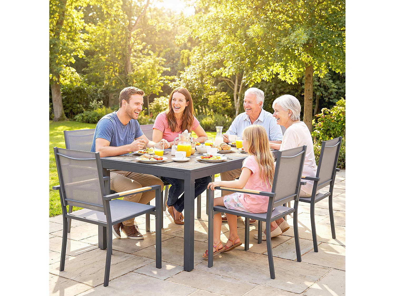 Ensemble de jardin table à manger 6 personnes 7 Pièces acier textilène gris effet bois