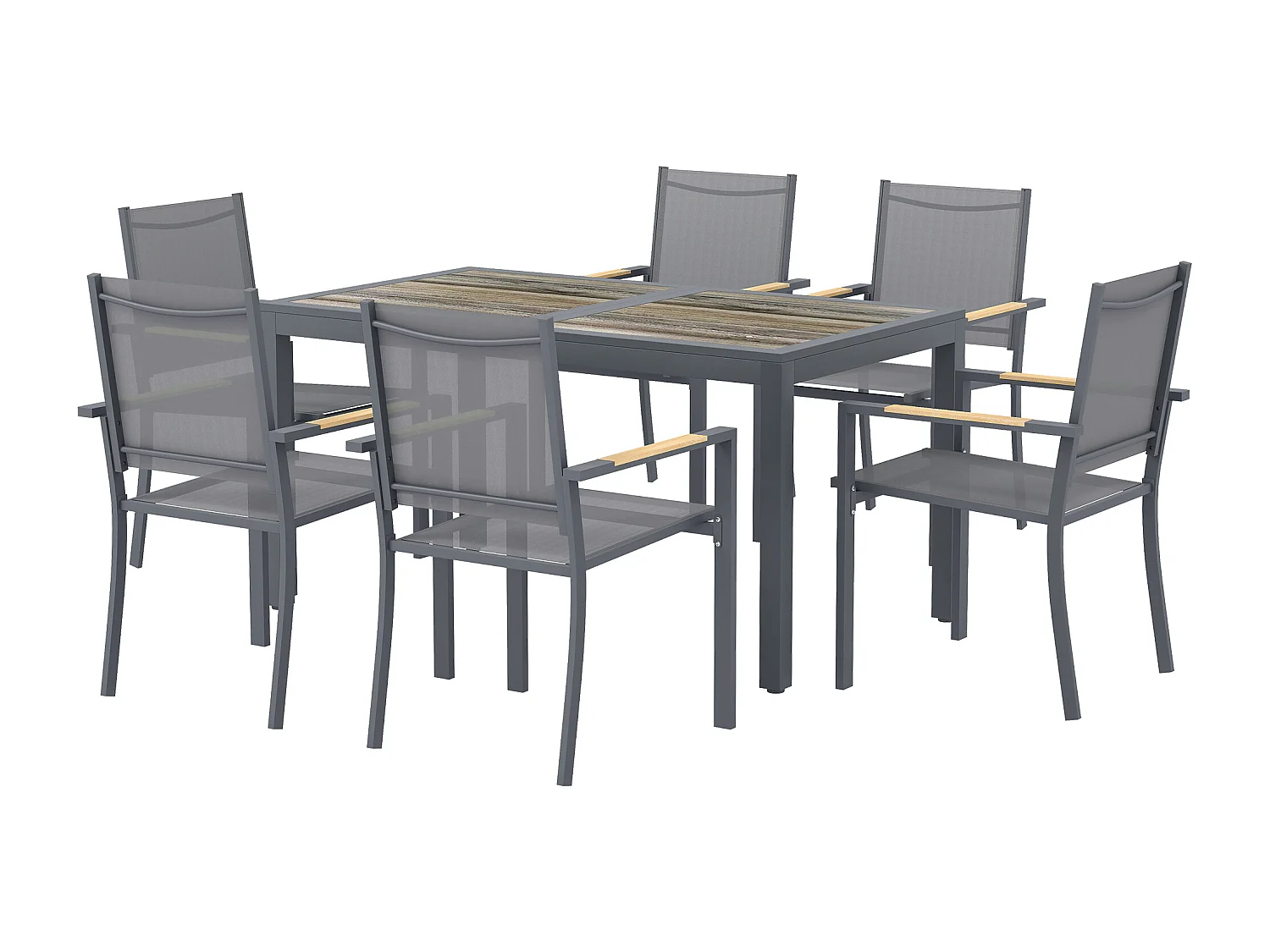 Ensemble de jardin table à manger 6 personnes 7 Pièces acier textilène gris effet bois