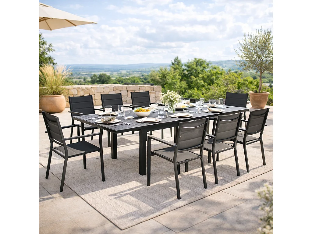 Salon de jardin 8 personnes – Table extensible – Chaises empilables