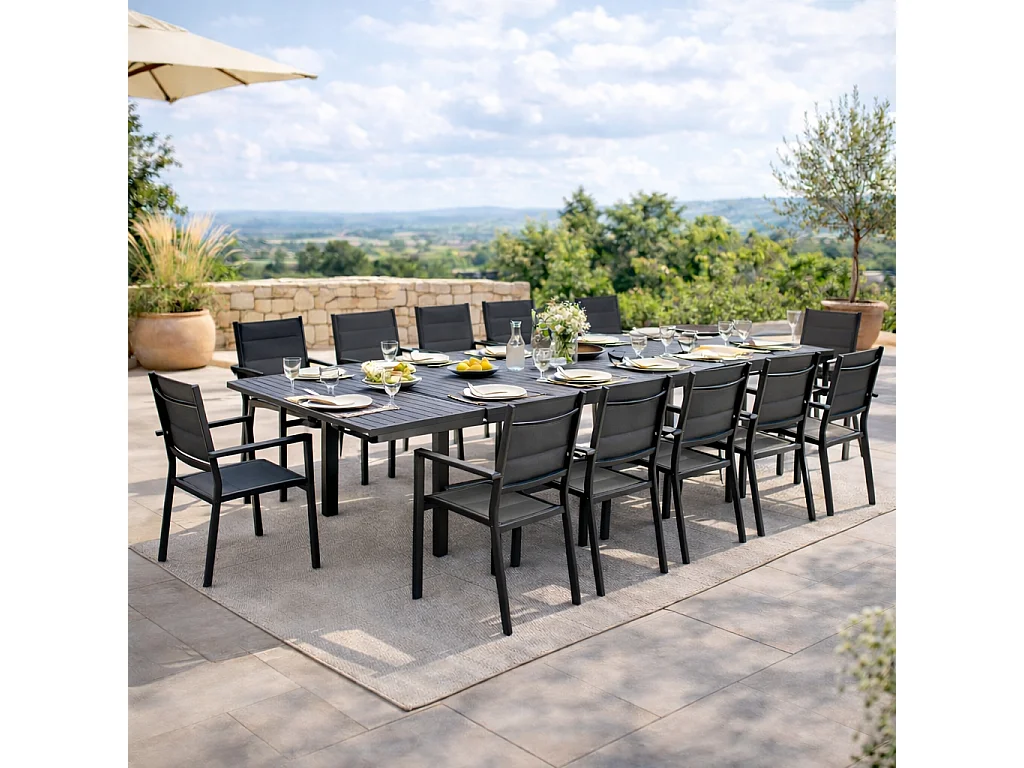 Salon de jardin extensible 12 personnes – Table et chaises empilables