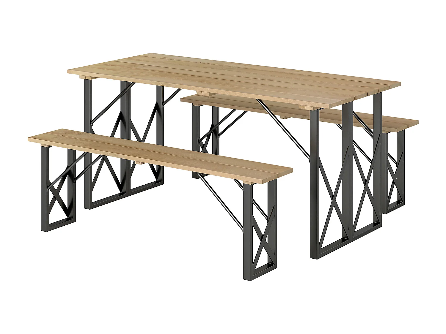 Ensemble table et 2 bancs en bois 6 personnes - table 160 cm avec espace parasol - acier épicéa