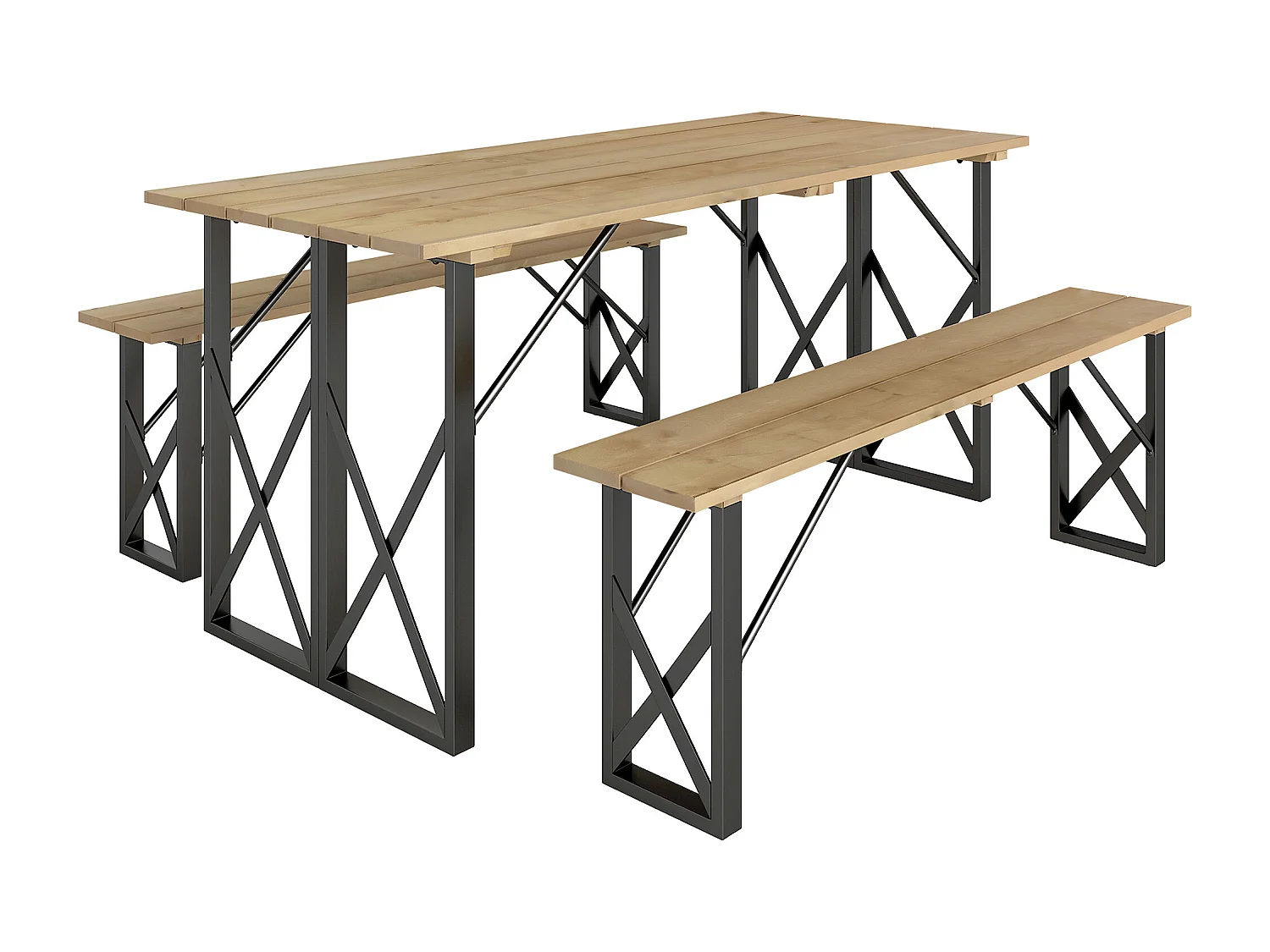 Ensemble table et 2 bancs en bois 6 personnes - table 160 cm avec espace parasol - acier épicéa