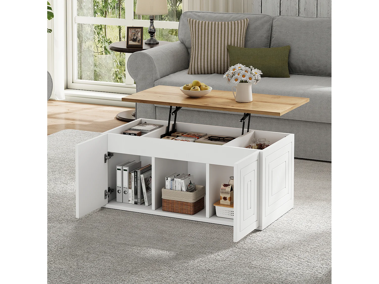 Couchtisch mit Hebemechanismus für das Wohnzimmer – 95 x 46 x 45 cm – mit 2 Türen + Ablage – Spanplatte – weiß + natur