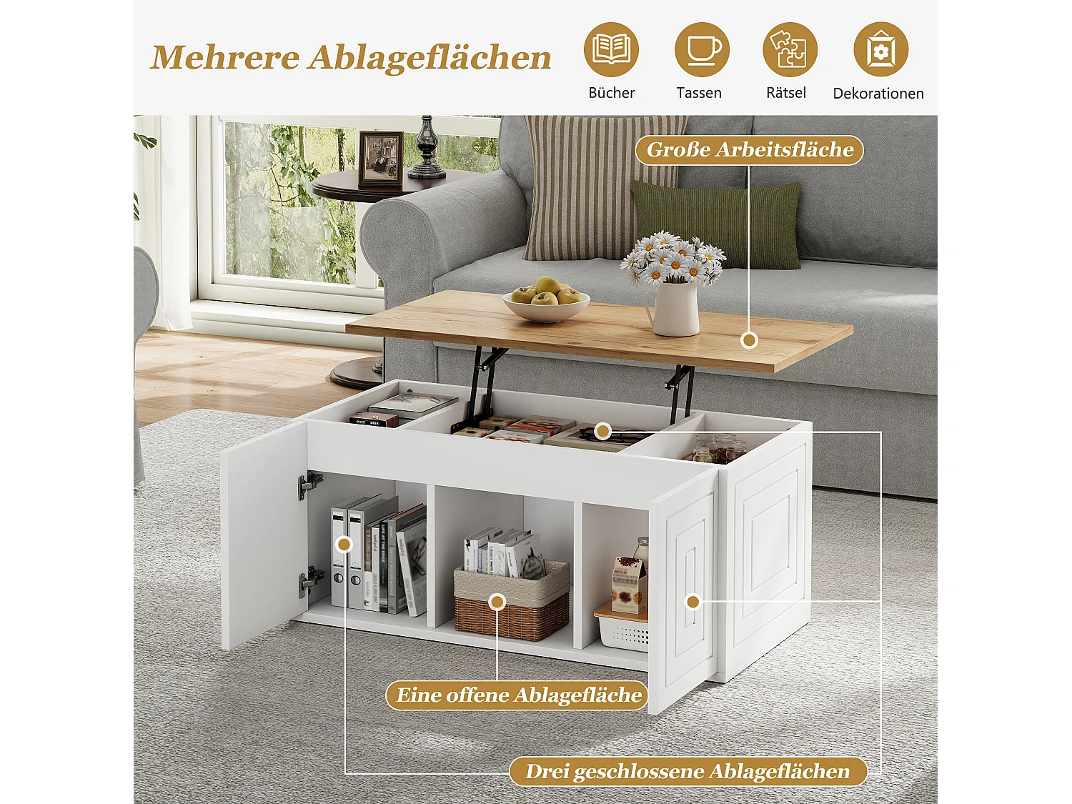 Couchtisch mit Hebemechanismus für das Wohnzimmer – 95 x 46 x 45 cm – mit 2 Türen + Ablage – Spanplatte – weiß + natur