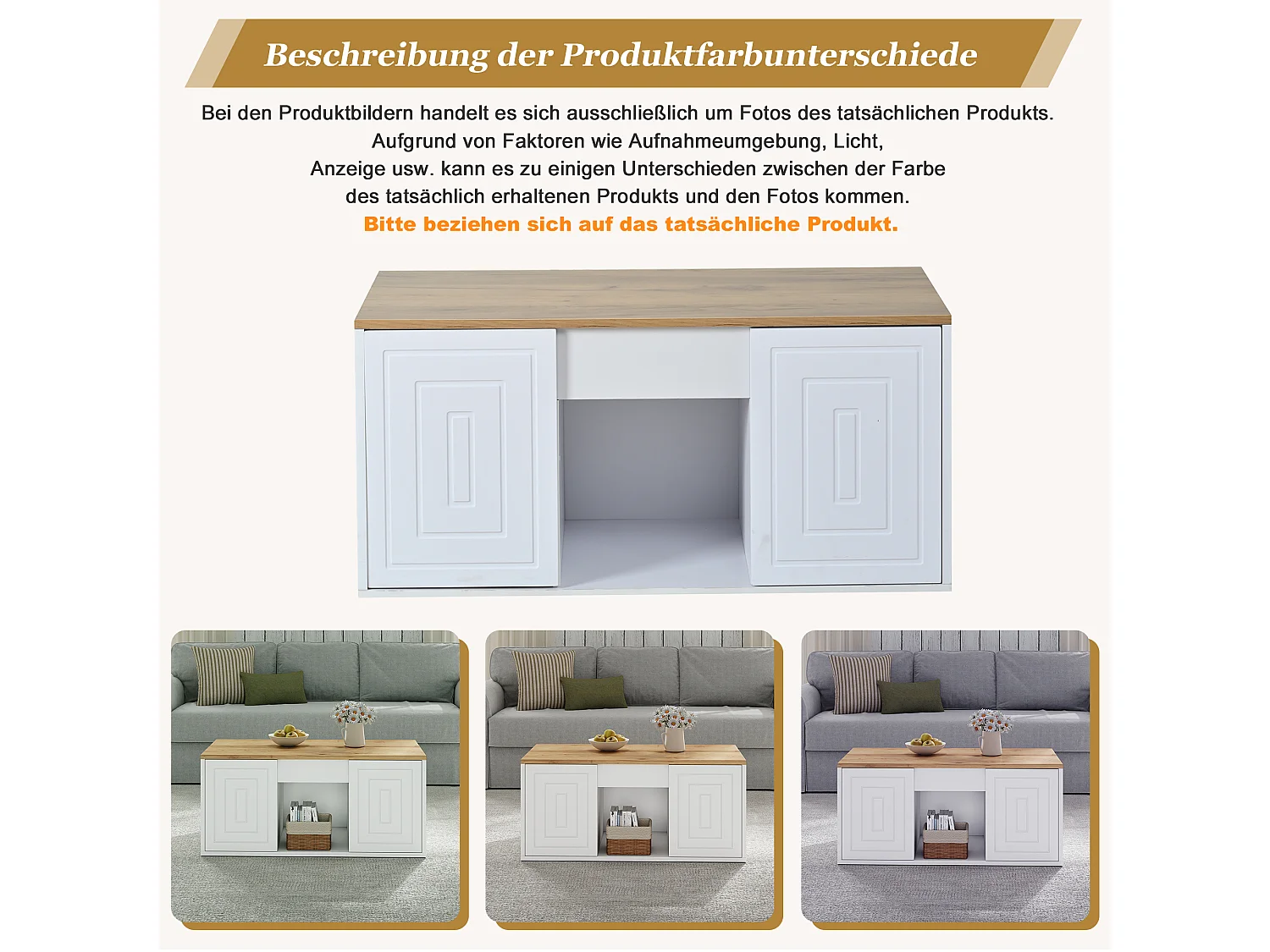 Couchtisch mit Hebemechanismus für das Wohnzimmer – 95 x 46 x 45 cm – mit 2 Türen + Ablage – Spanplatte – weiß + natur