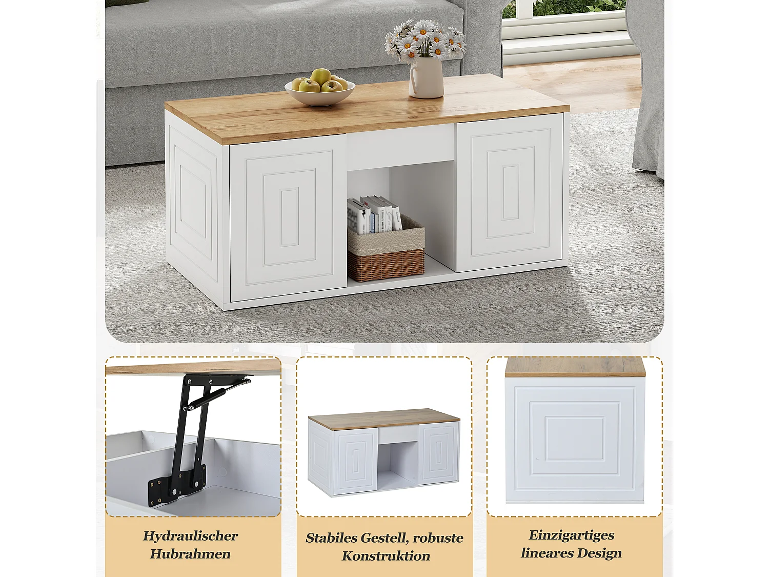 Couchtisch mit Hebemechanismus für das Wohnzimmer – 95 x 46 x 45 cm – mit 2 Türen + Ablage – Spanplatte – weiß + natur