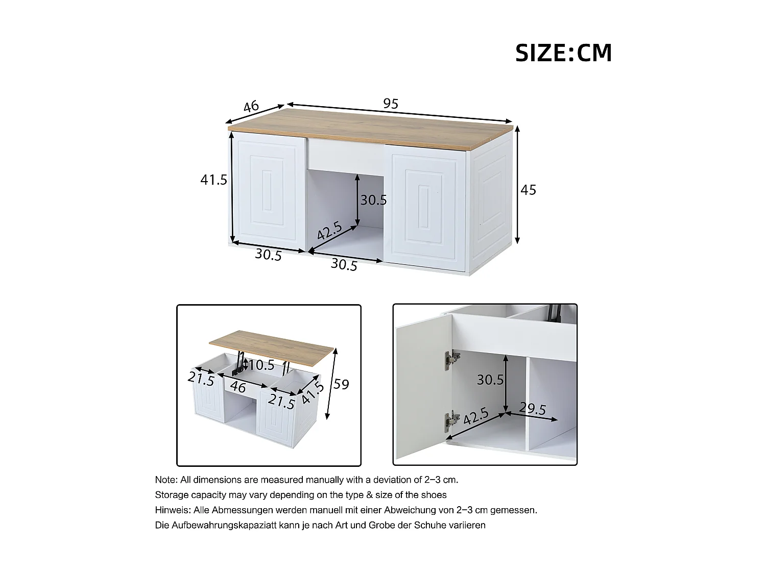 Couchtisch mit Hebemechanismus für das Wohnzimmer – 95 x 46 x 45 cm – mit 2 Türen + Ablage – Spanplatte – weiß + natur