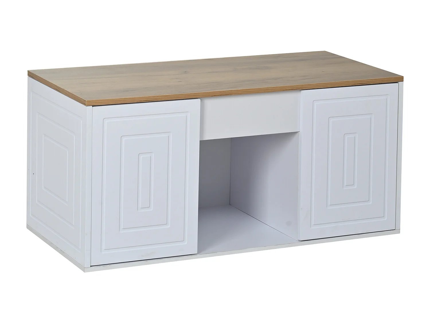 Couchtisch mit Hebemechanismus für das Wohnzimmer – 95 x 46 x 45 cm – mit 2 Türen + Ablage – Spanplatte – weiß + natur