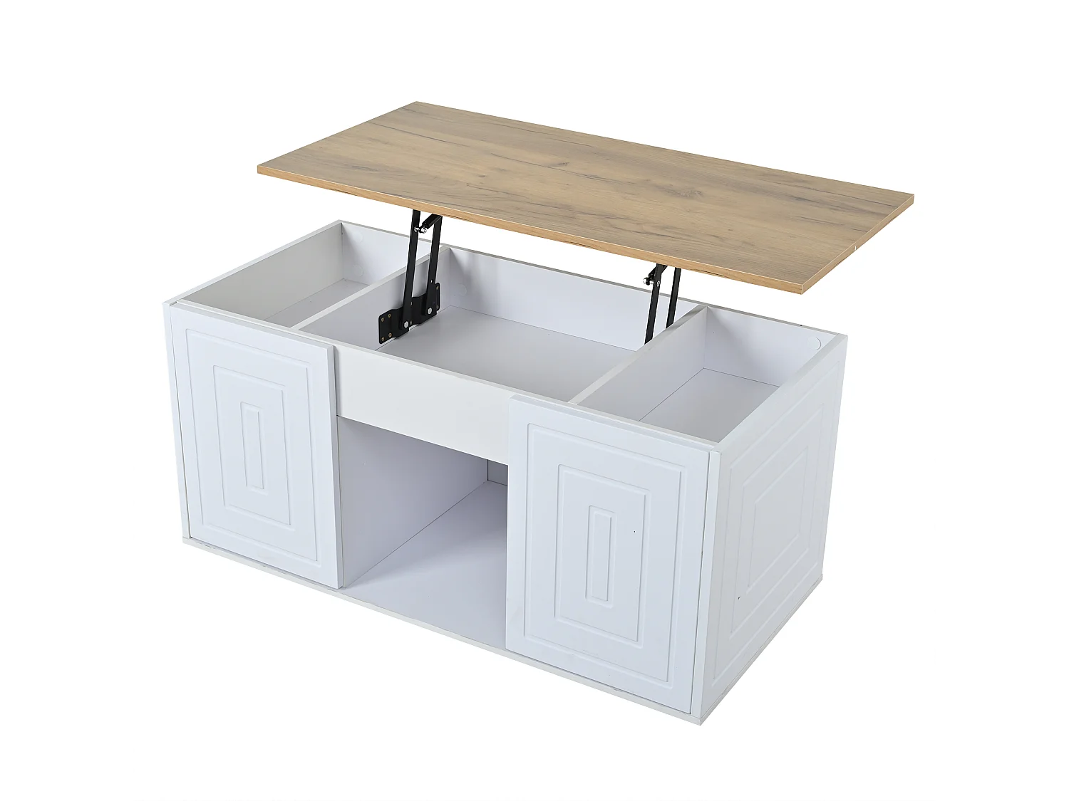 Couchtisch mit Hebemechanismus für das Wohnzimmer – 95 x 46 x 45 cm – mit 2 Türen + Ablage – Spanplatte – weiß + natur