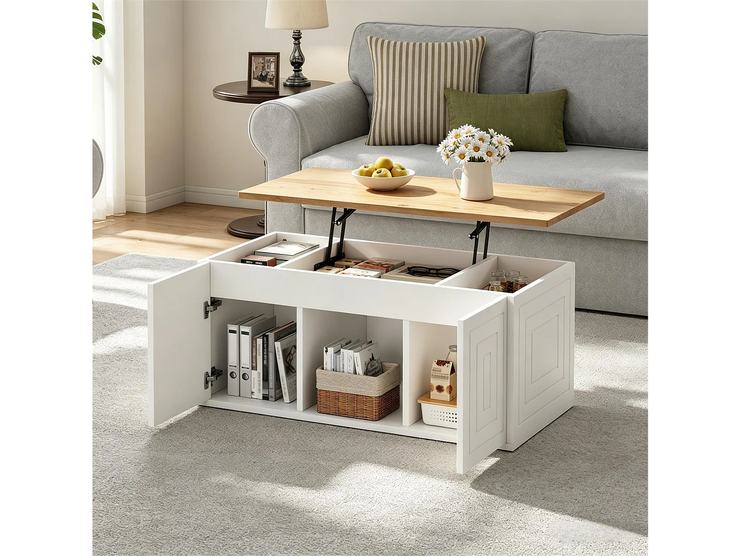 Couchtisch mit Hebemechanismus für das Wohnzimmer – 95 x 46 x 45 cm – mit 2 Türen + Ablage – Spanplatte – weiß + natur