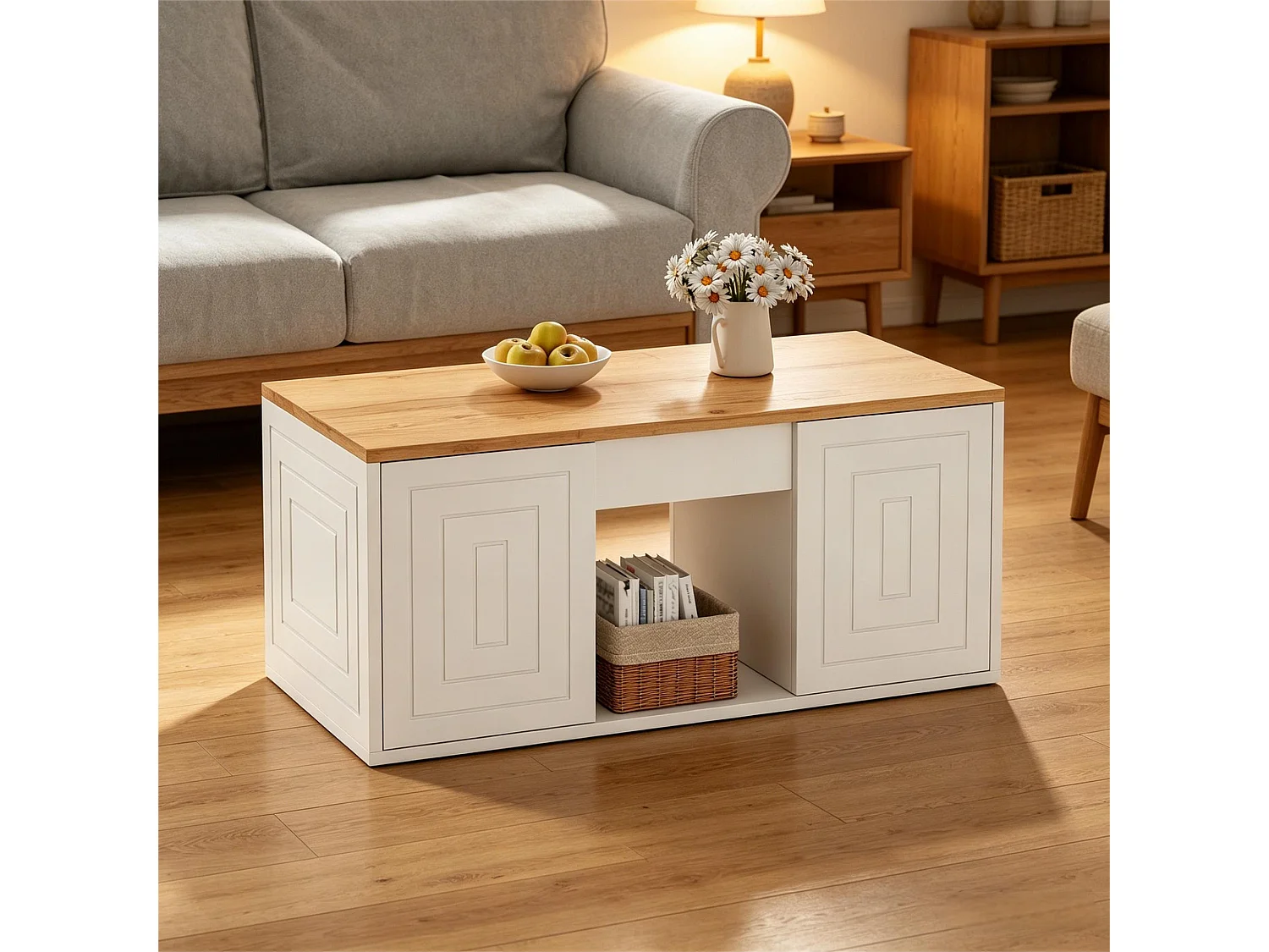 Couchtisch mit Hebemechanismus für das Wohnzimmer – 95 x 46 x 45 cm – mit 2 Türen + Ablage – Spanplatte – weiß + natur