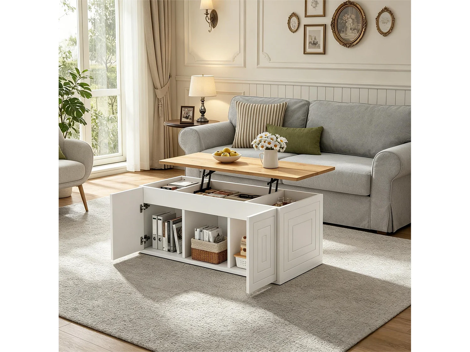 Couchtisch mit Hebemechanismus für das Wohnzimmer – 95 x 46 x 45 cm – mit 2 Türen + Ablage – Spanplatte – weiß + natur