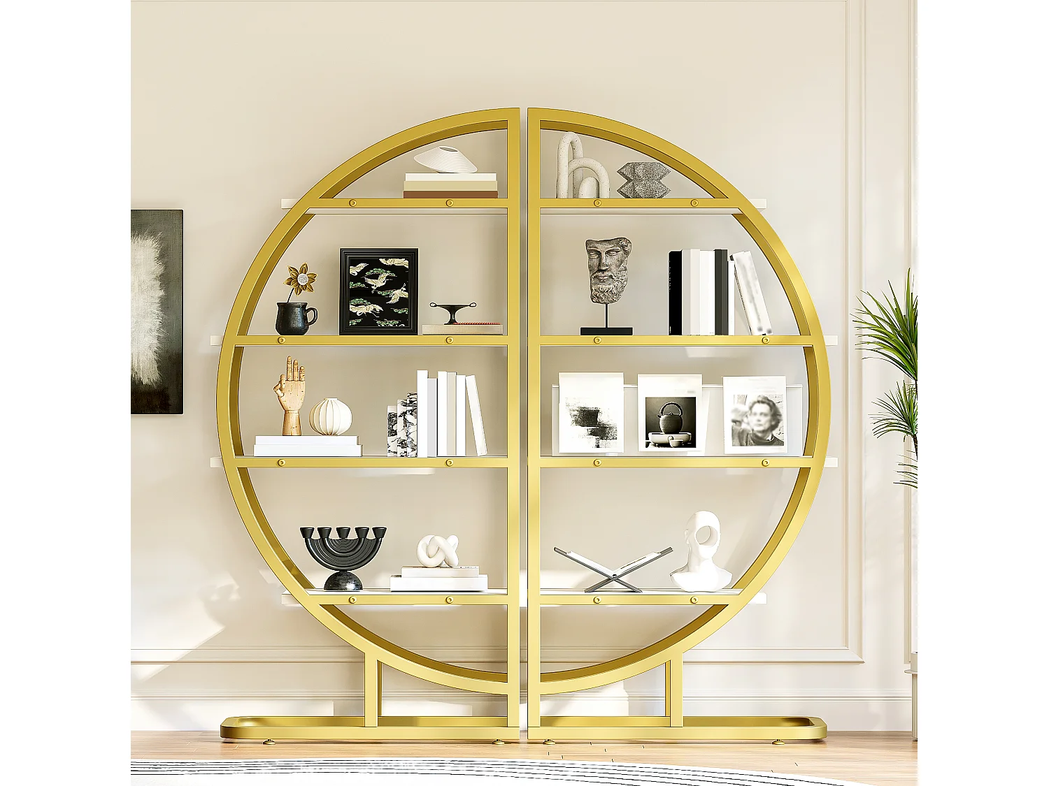 Rundes, freistehendes Regal – 120 x 30 x 130 cm – 2-teiliges Metallregal – mit goldenem Rahmen und 4 Regalböden – MDF – Gold