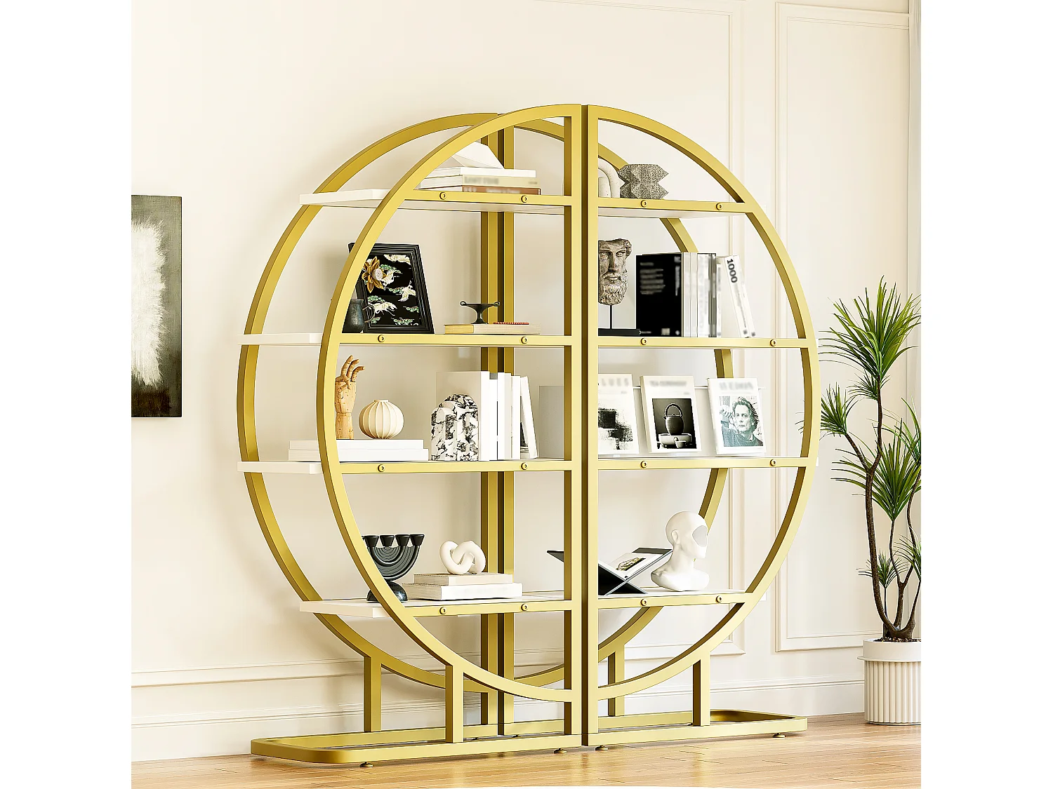 Rundes, freistehendes Regal – 120 x 30 x 130 cm – 2-teiliges Metallregal – mit goldenem Rahmen und 4 Regalböden – MDF – Gold