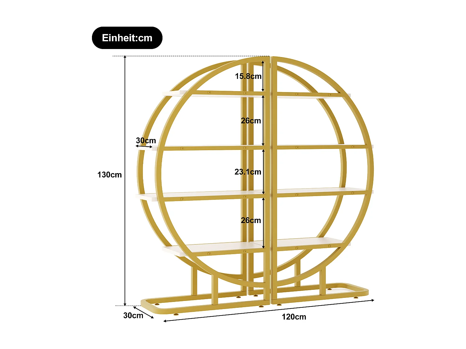 Rundes, freistehendes Regal – 120 x 30 x 130 cm – 2-teiliges Metallregal – mit goldenem Rahmen und 4 Regalböden – MDF – Gold