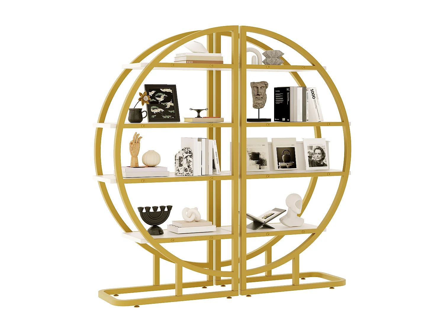 Rundes, freistehendes Regal – 120 x 30 x 130 cm – 2-teiliges Metallregal – mit goldenem Rahmen und 4 Regalböden – MDF – Gold