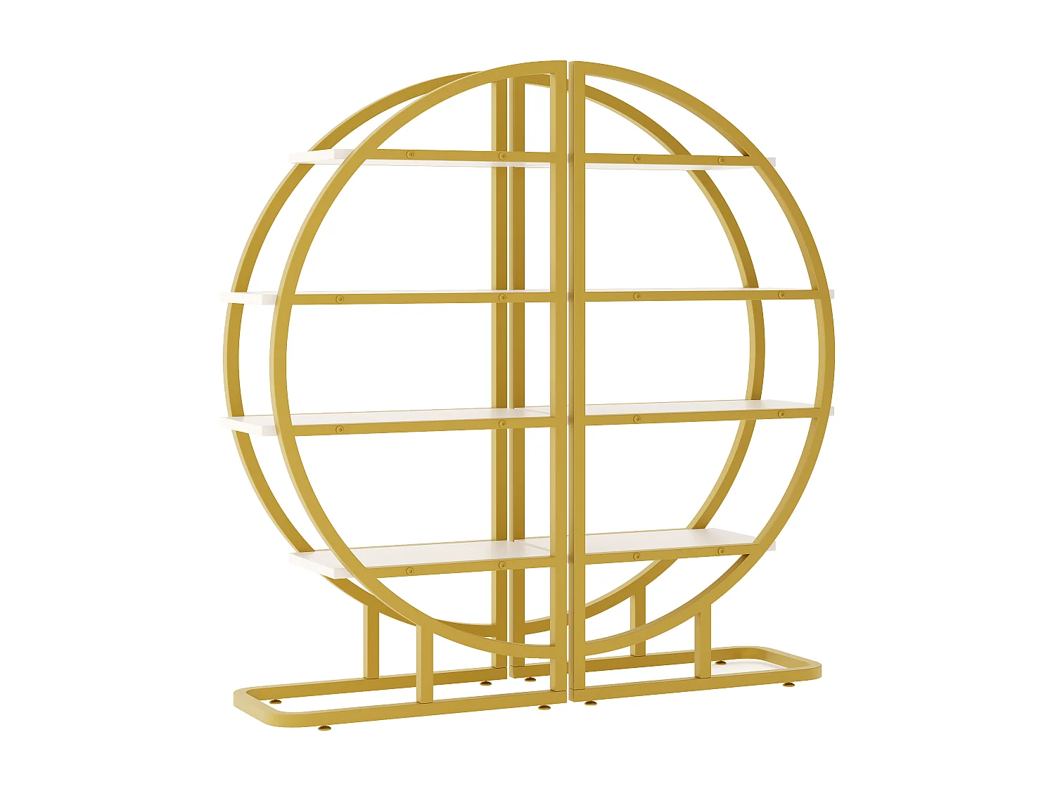 Rundes, freistehendes Regal – 120 x 30 x 130 cm – 2-teiliges Metallregal – mit goldenem Rahmen und 4 Regalböden – MDF – Gold