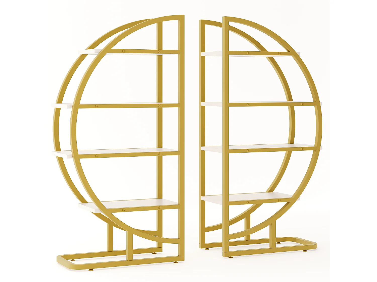 Rundes, freistehendes Regal – 120 x 30 x 130 cm – 2-teiliges Metallregal – mit goldenem Rahmen und 4 Regalböden – MDF – Gold