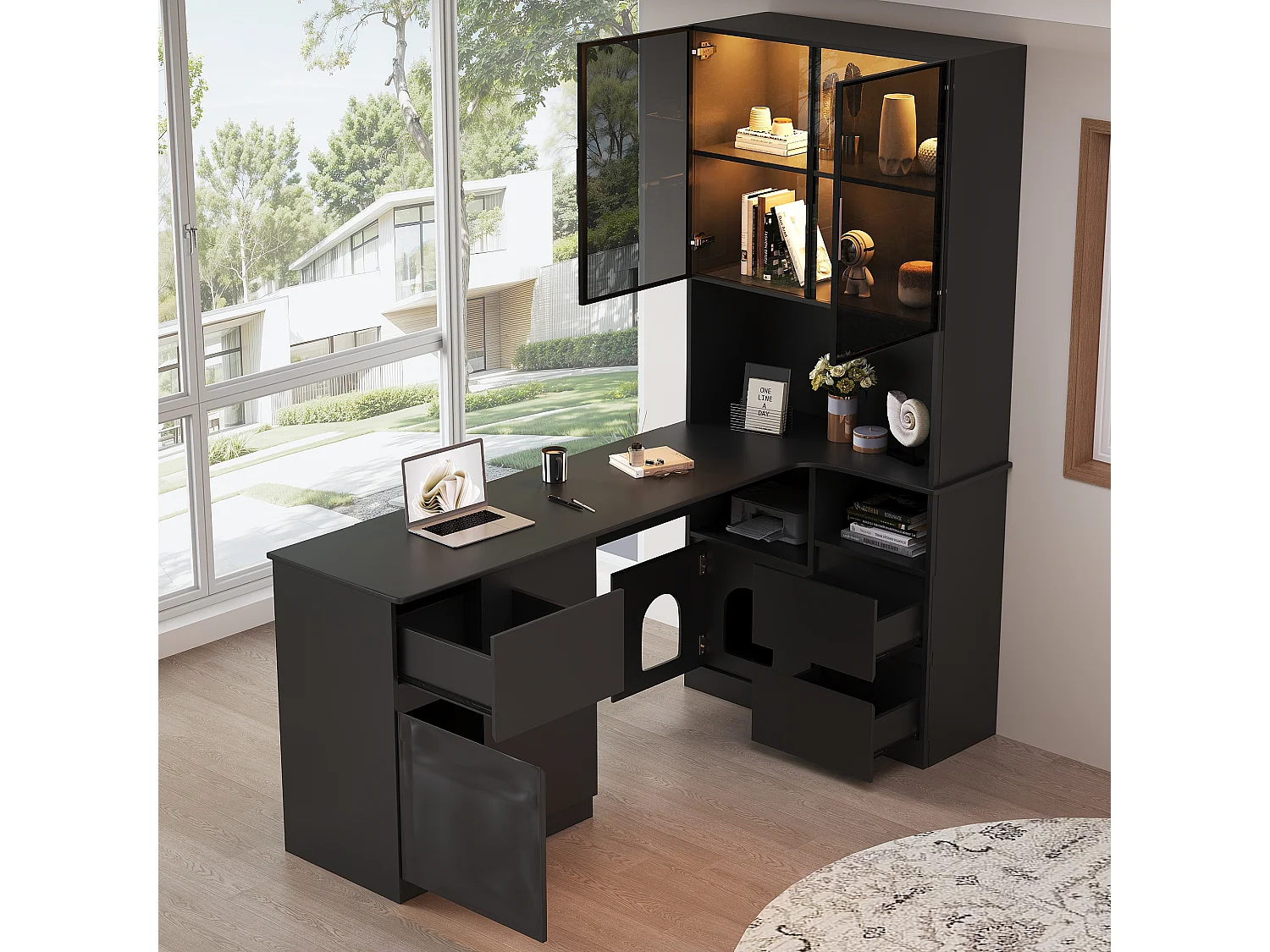 Hoekbureau met boekenkast - 120 x 80 x 180 cm - met 3 lades + 2 deuren + open schappen + LED-verlichting - MDF - zwart