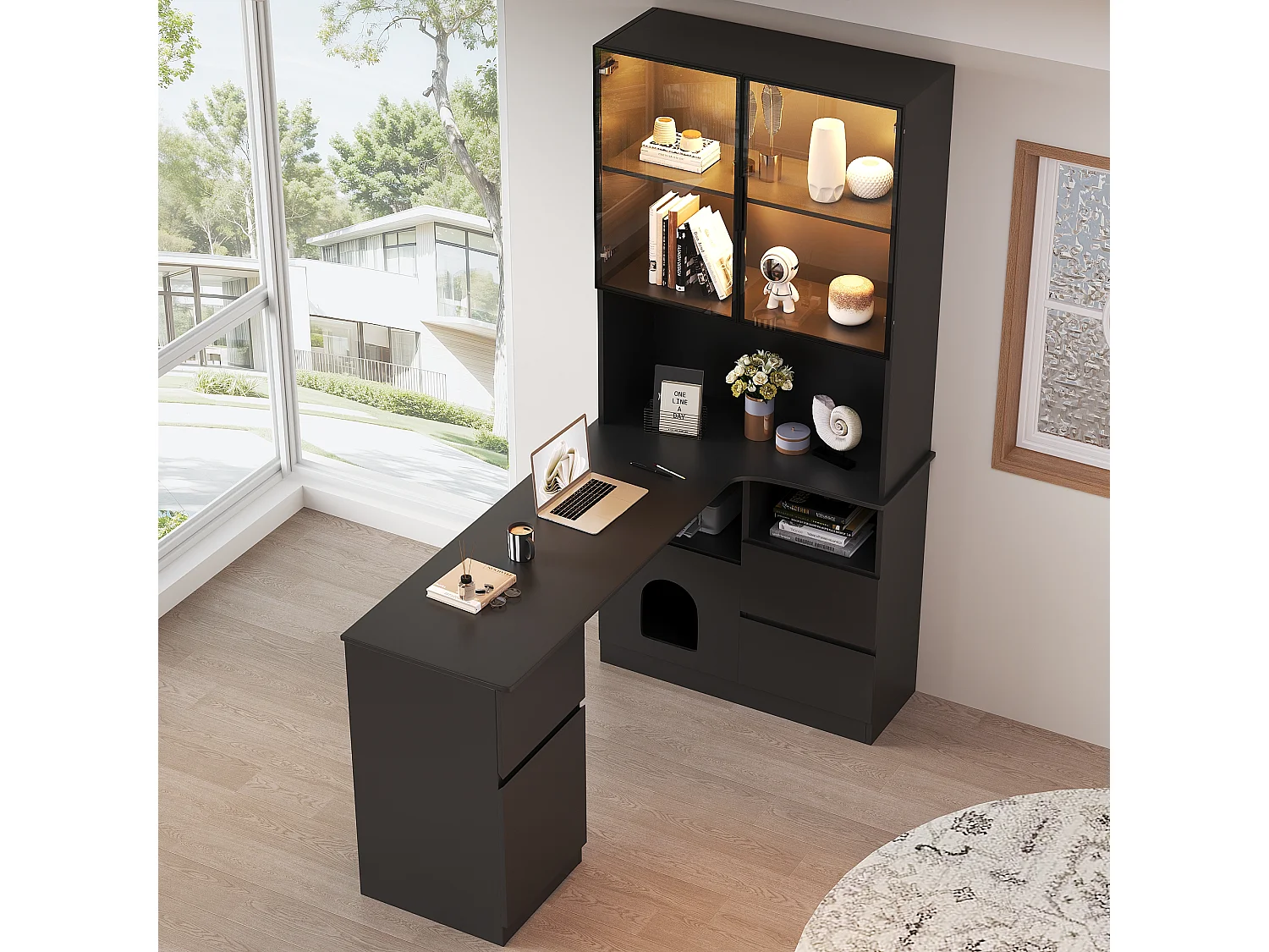 Hoekbureau met boekenkast - 120 x 80 x 180 cm - met 3 lades + 2 deuren + open schappen + LED-verlichting - MDF - zwart