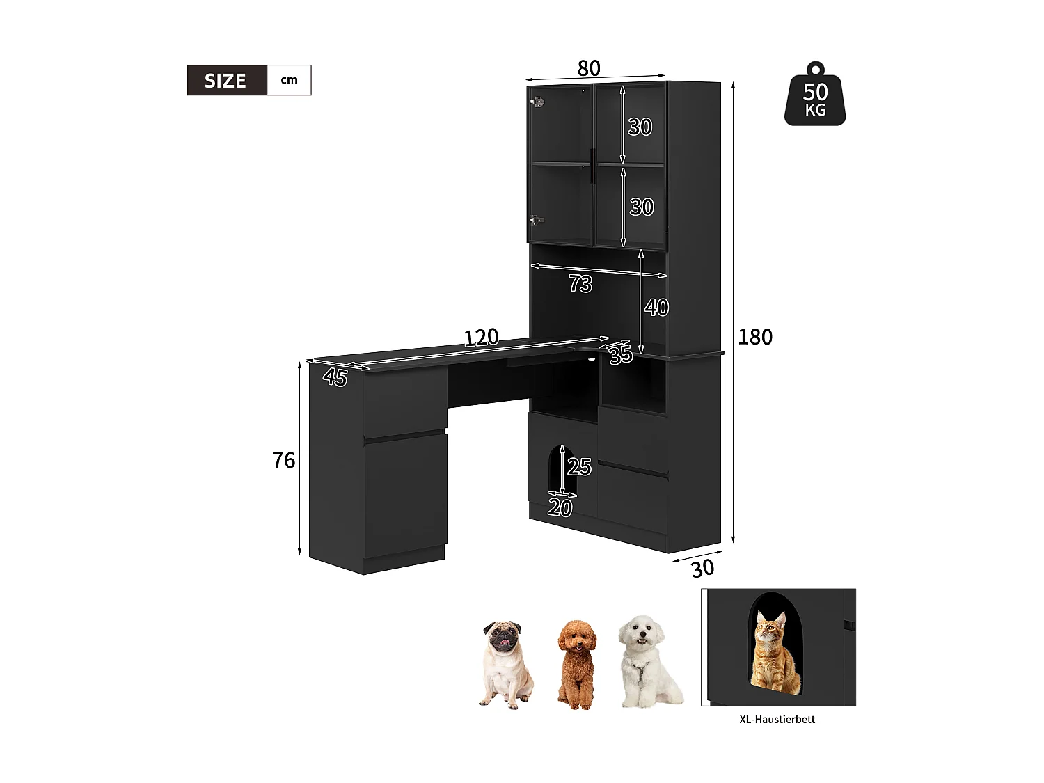 Hoekbureau met boekenkast - 120 x 80 x 180 cm - met 3 lades + 2 deuren + open schappen + LED-verlichting - MDF - zwart