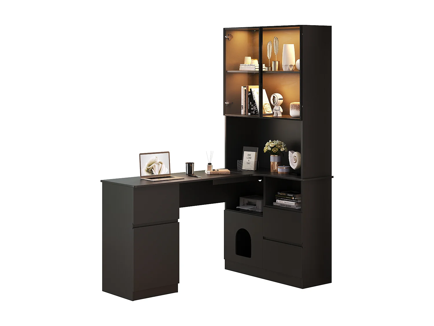 Hoekbureau met boekenkast - 120 x 80 x 180 cm - met 3 lades + 2 deuren + open schappen + LED-verlichting - MDF - zwart