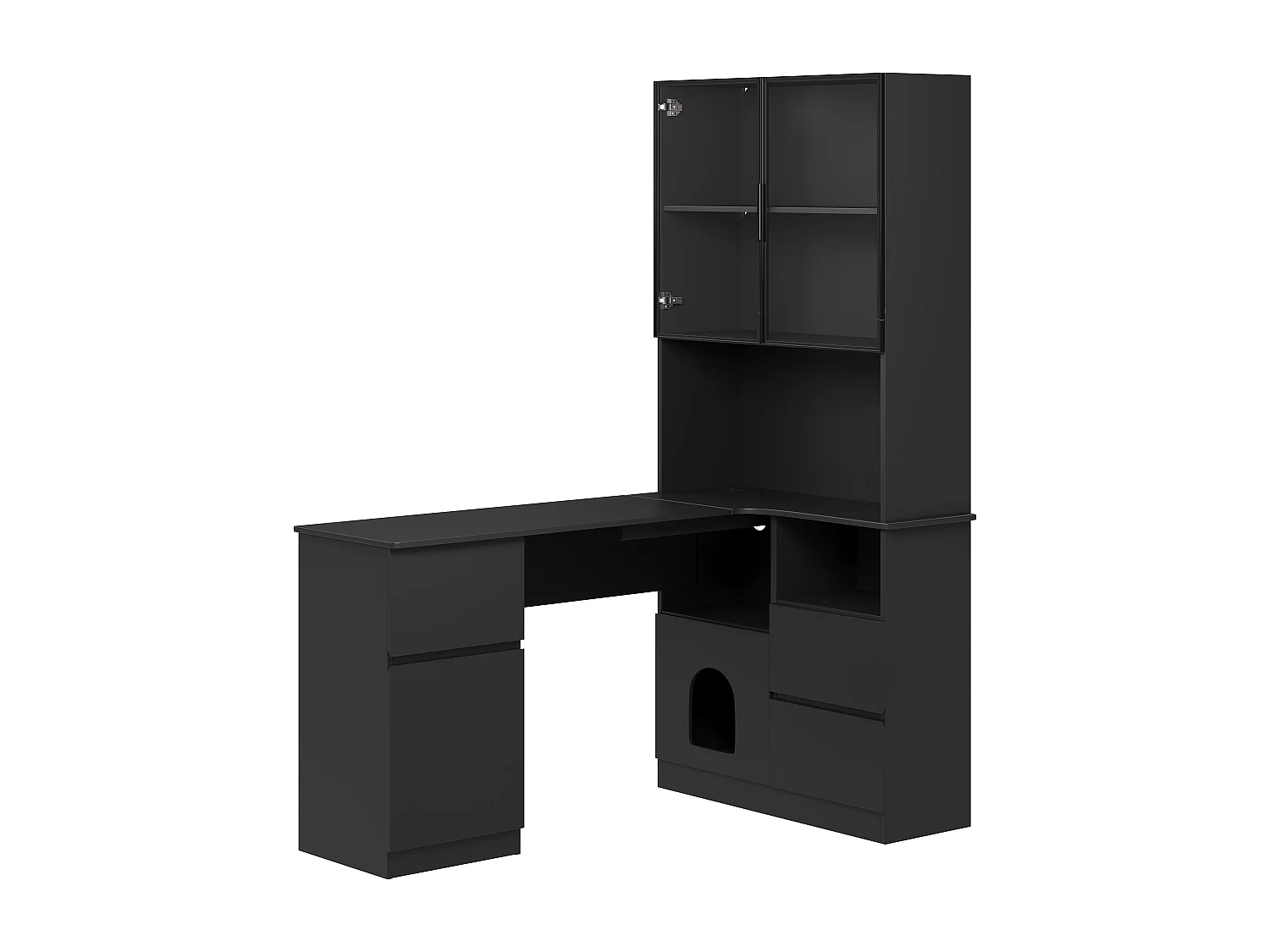 Hoekbureau met boekenkast - 120 x 80 x 180 cm - met 3 lades + 2 deuren + open schappen + LED-verlichting - MDF - zwart