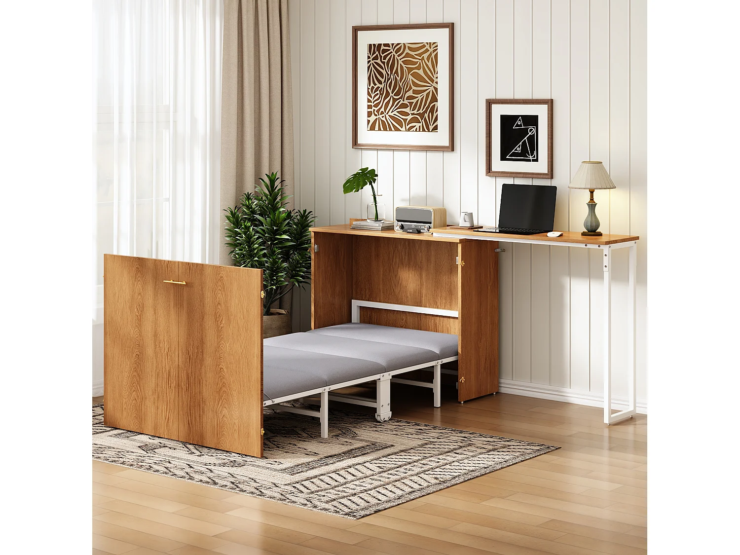 Klappbett mit drehbarem Schreibtisch und Matratze – 90 x 200 cm – auf Rollen – Holz + Metall – Natur