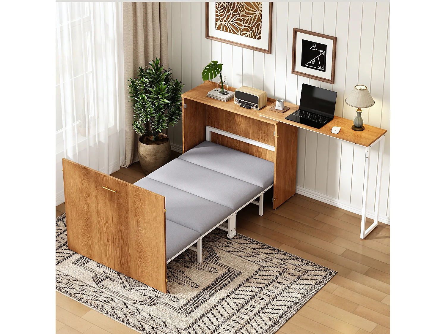 Klappbett mit drehbarem Schreibtisch und Matratze – 90 x 200 cm – auf Rollen – Holz + Metall – Natur