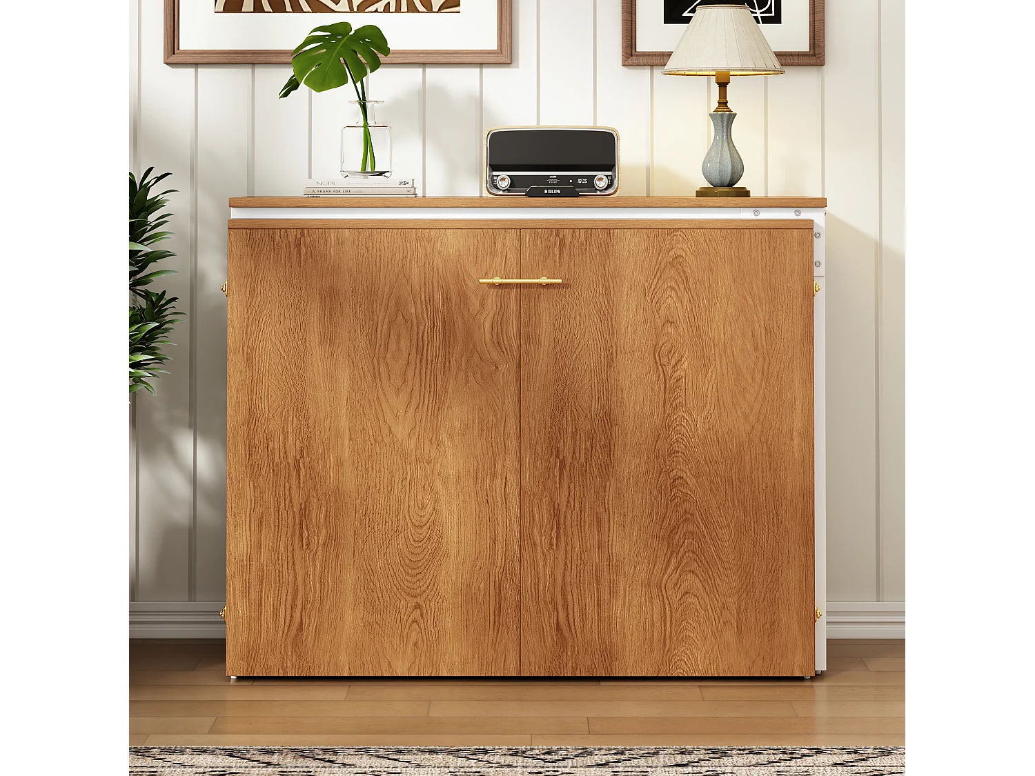 Klappbett mit drehbarem Schreibtisch und Matratze – 90 x 200 cm – auf Rollen – Holz + Metall – Natur