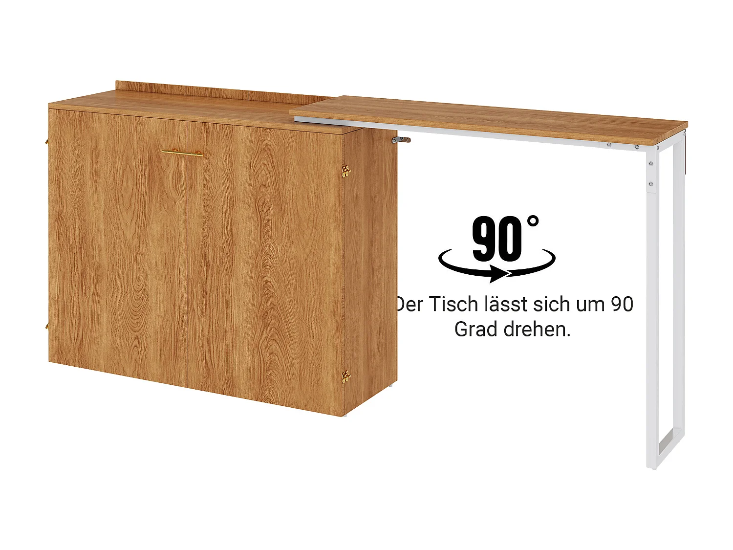 Klappbett mit drehbarem Schreibtisch und Matratze – 90 x 200 cm – auf Rollen – Holz + Metall – Natur