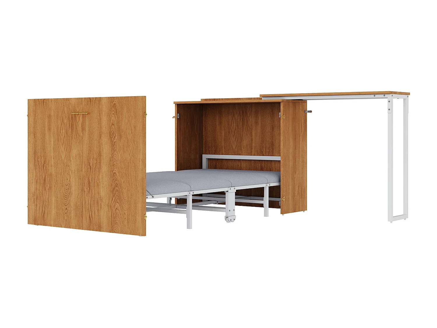 Klappbett mit drehbarem Schreibtisch und Matratze – 90 x 200 cm – auf Rollen – Holz + Metall – Natur
