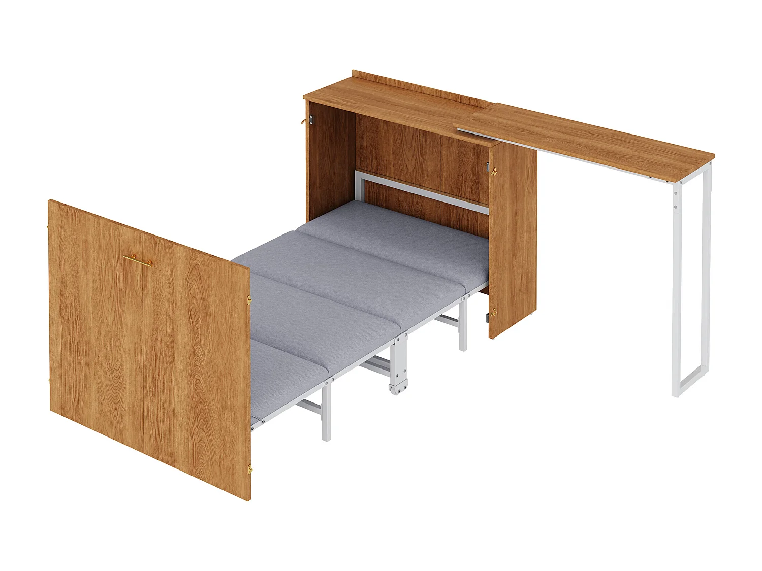 Klappbett mit drehbarem Schreibtisch und Matratze – 90 x 200 cm – auf Rollen – Holz + Metall – Natur