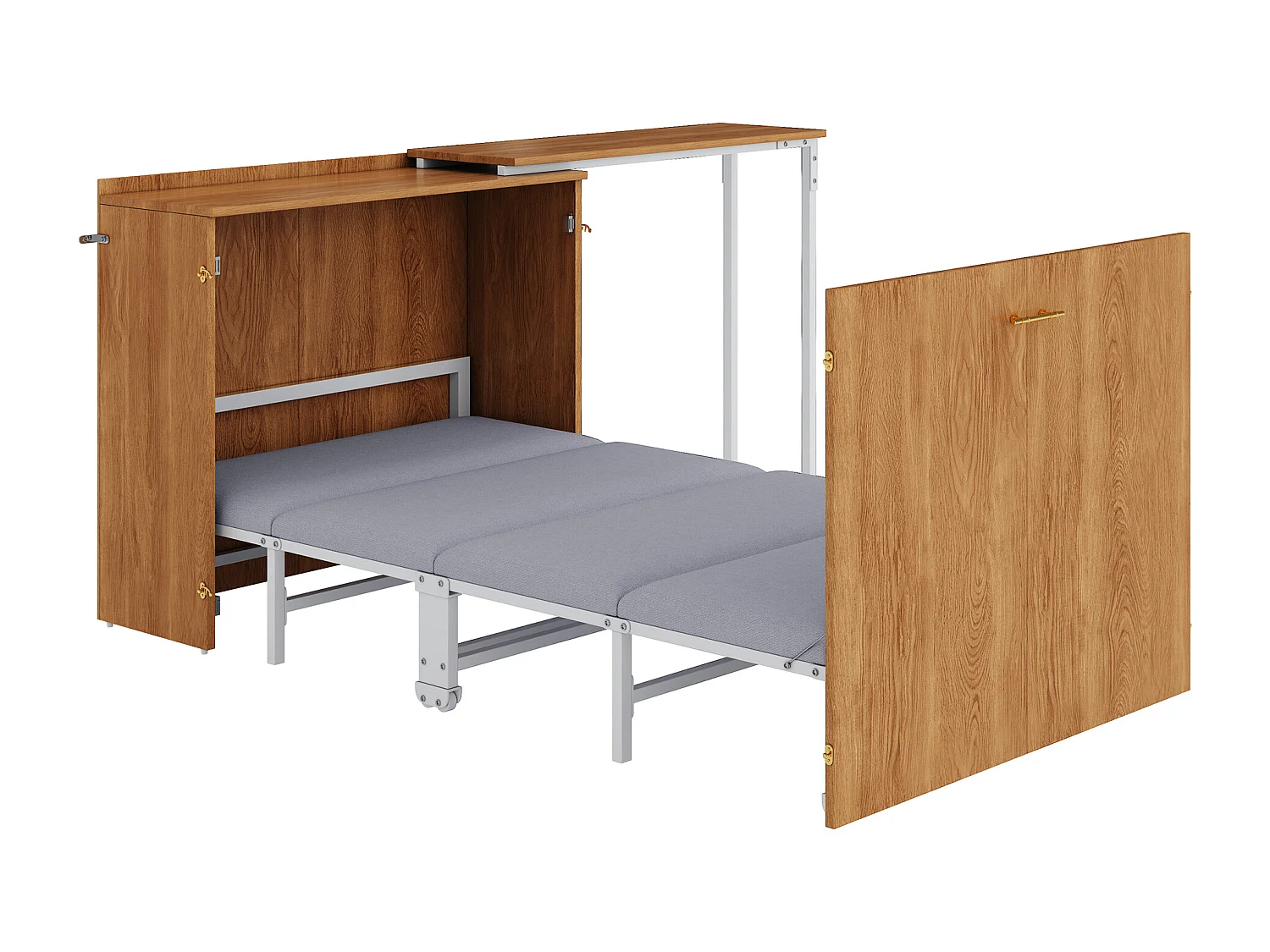 Klappbett mit drehbarem Schreibtisch und Matratze – 90 x 200 cm – auf Rollen – Holz + Metall – Natur