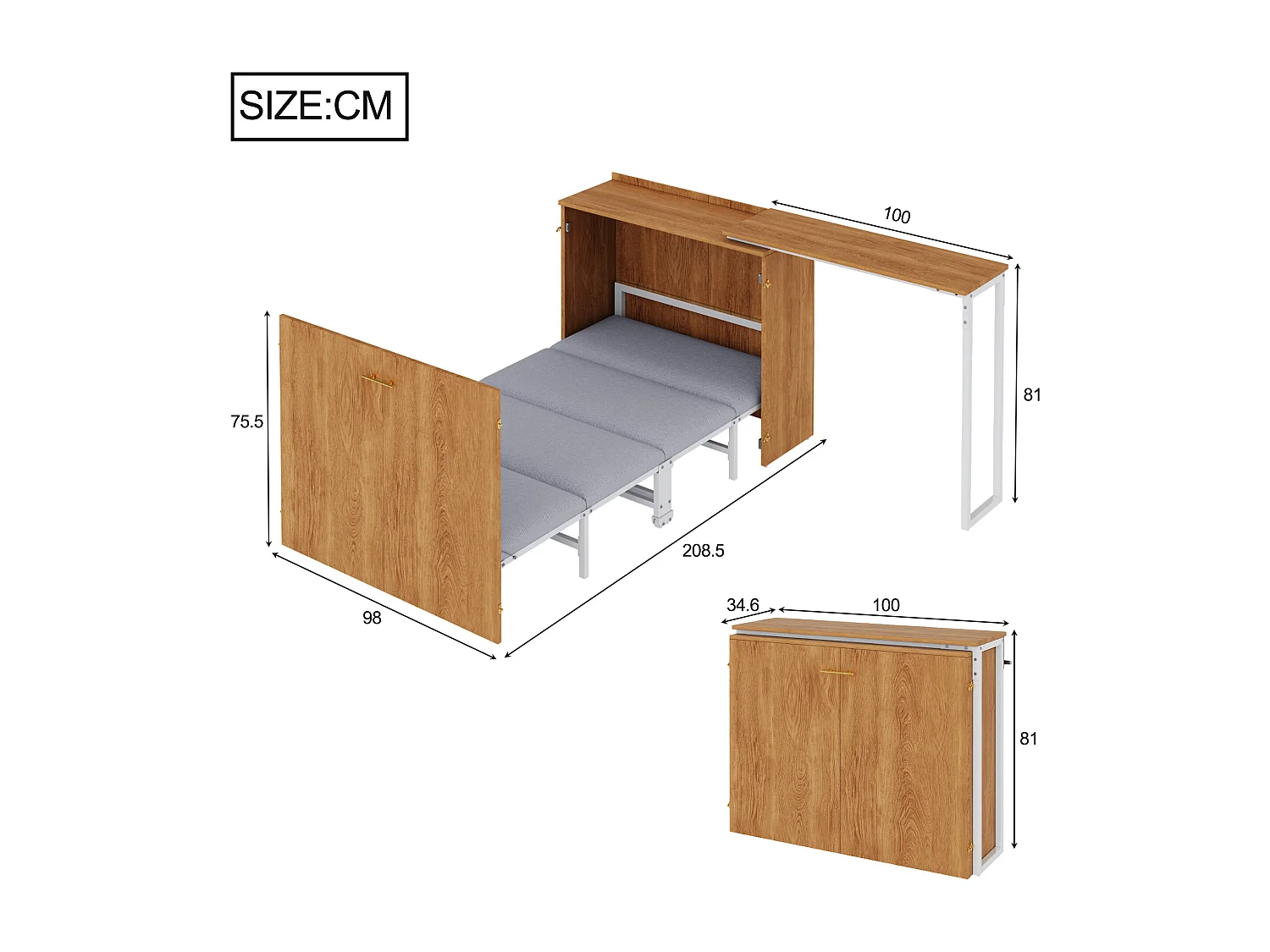 Klappbett mit drehbarem Schreibtisch und Matratze – 90 x 200 cm – auf Rollen – Holz + Metall – Natur