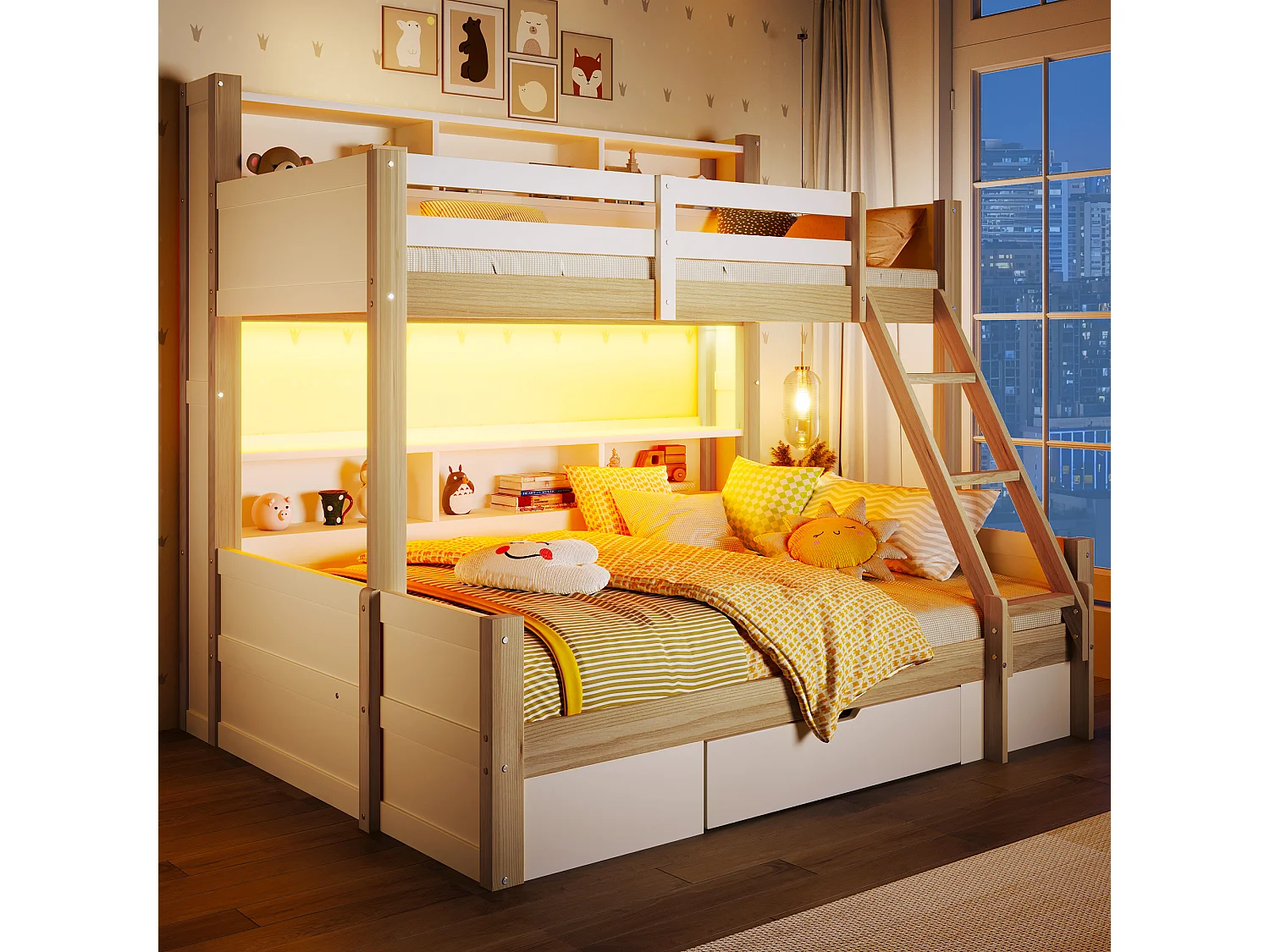 Kinderstapelbed - 90 x 200 cm + 140 x 200 cm - met veiligheidshekjes + planken + 1 lade + LED-verlichting - hout - naturel