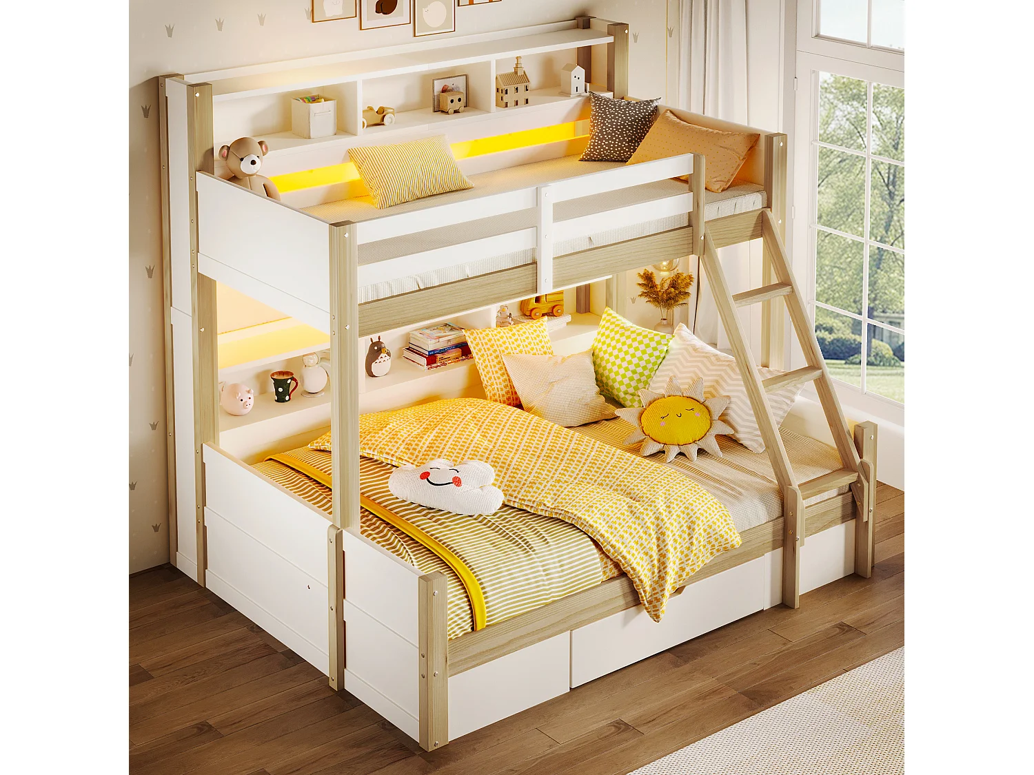 Kinderstapelbed - 90 x 200 cm + 140 x 200 cm - met veiligheidshekjes + planken + 1 lade + LED-verlichting - hout - naturel