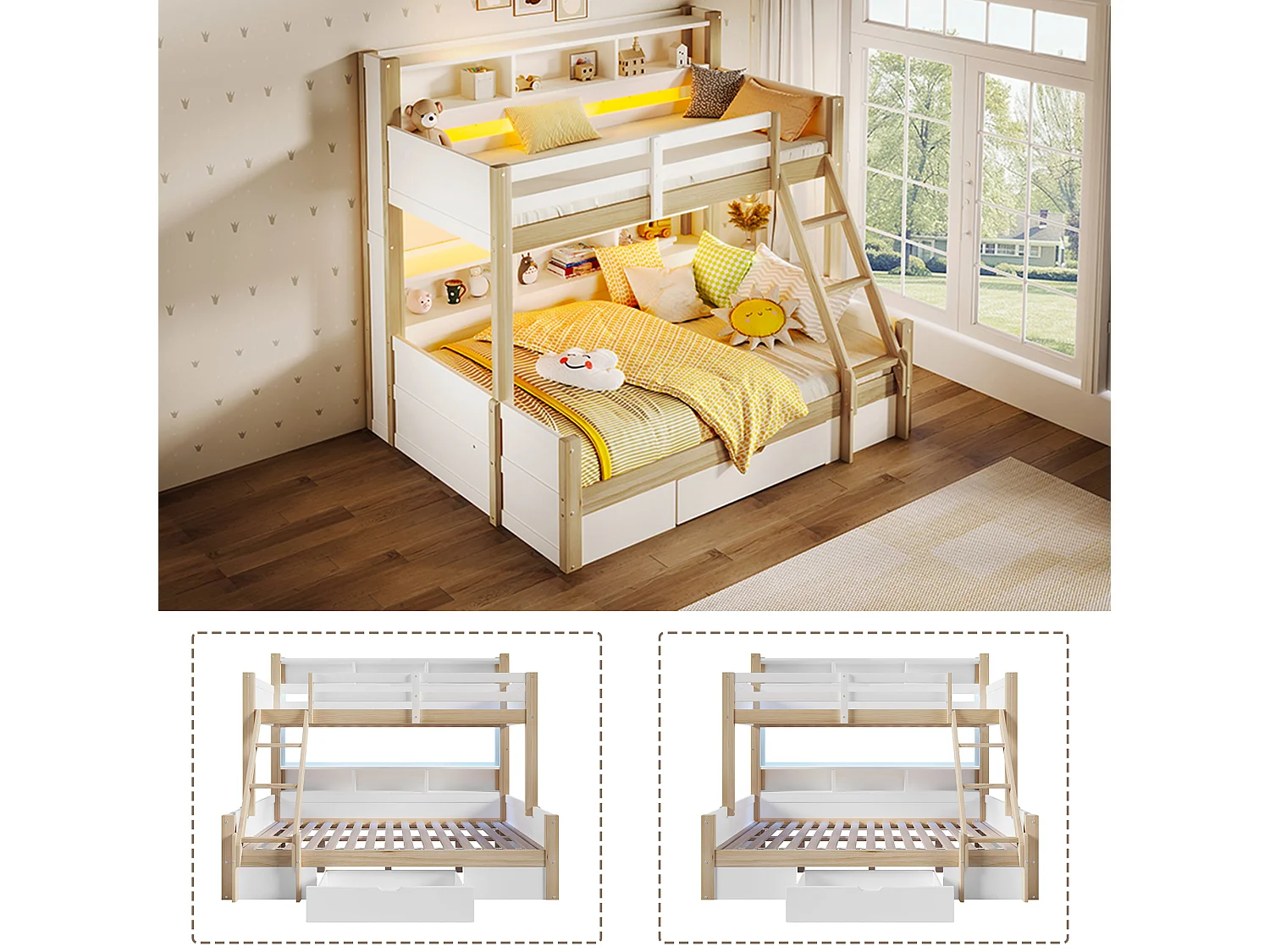 Kinderstapelbed - 90 x 200 cm + 140 x 200 cm - met veiligheidshekjes + planken + 1 lade + LED-verlichting - hout - naturel